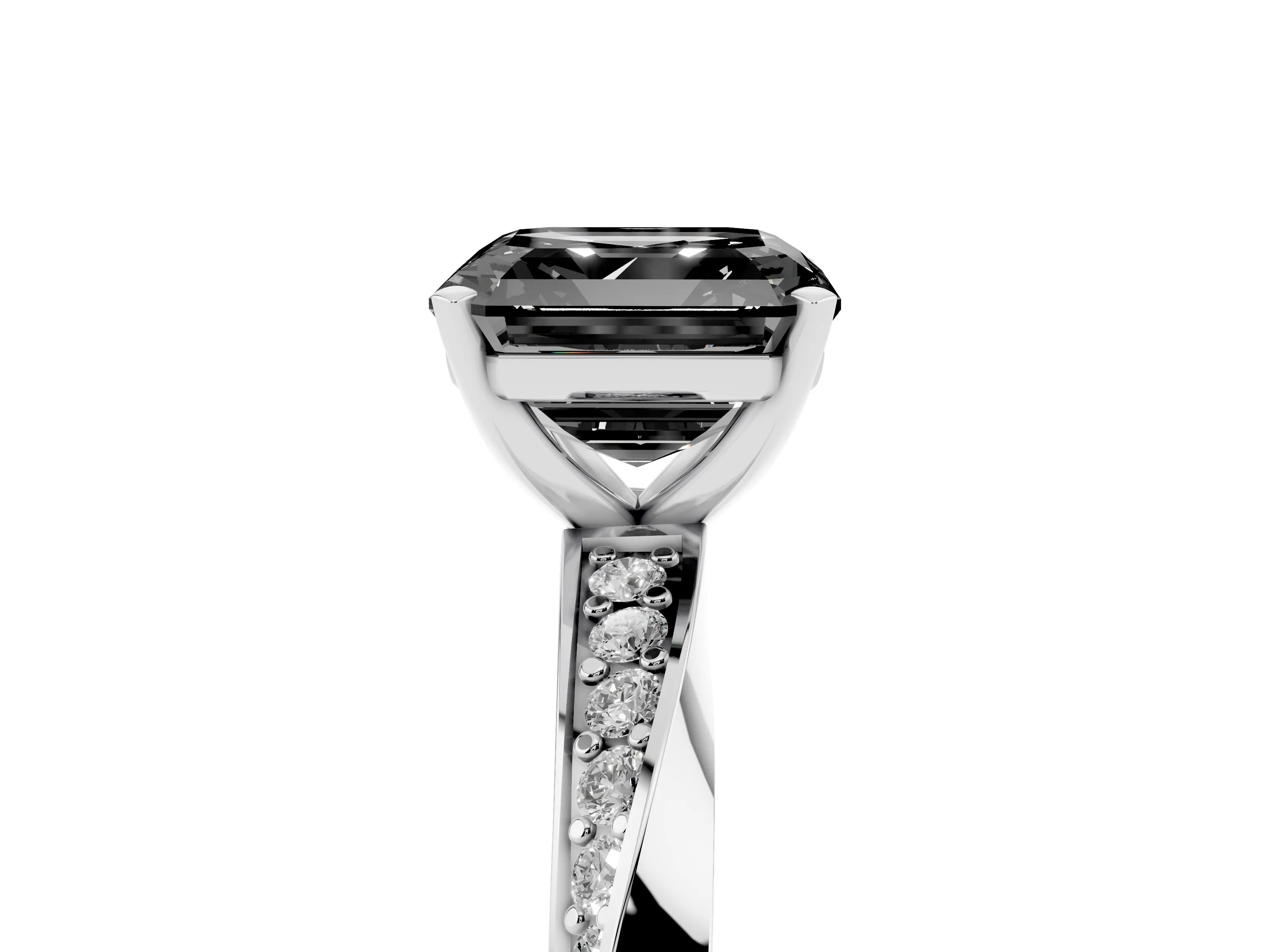 Fancy Black Asscher Cut Diamond Engagement Ring Set in White gold with Side Stone Accents and Prong Setting