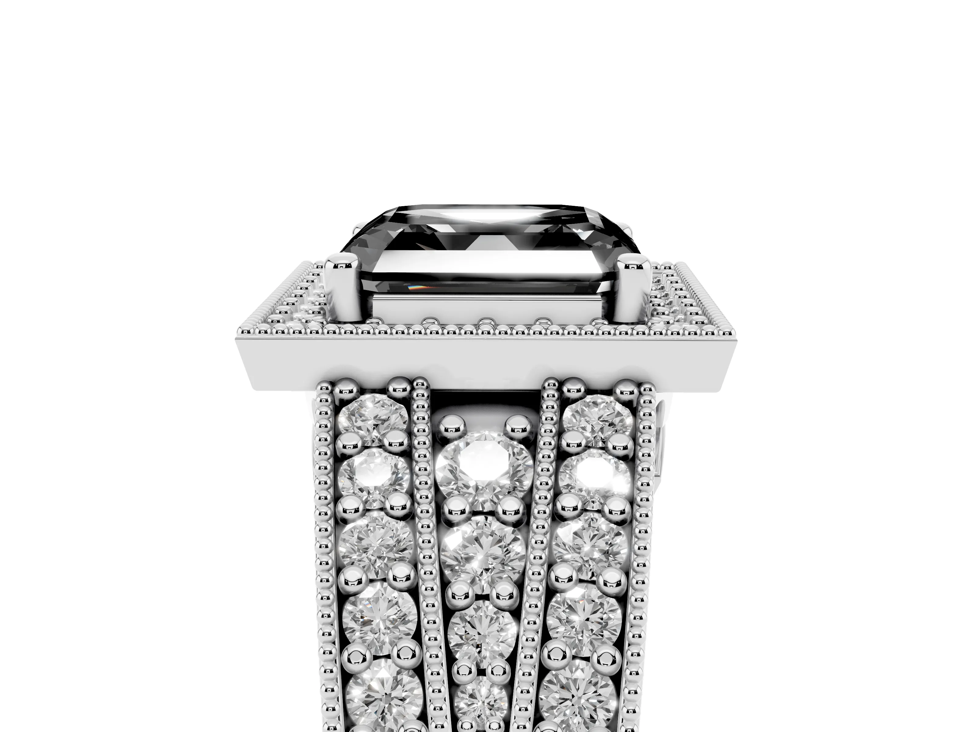 Fancy Black Asscher Cut Diamond Halo Ring Set in Platinum with Accent Split Shank and Prong Setting