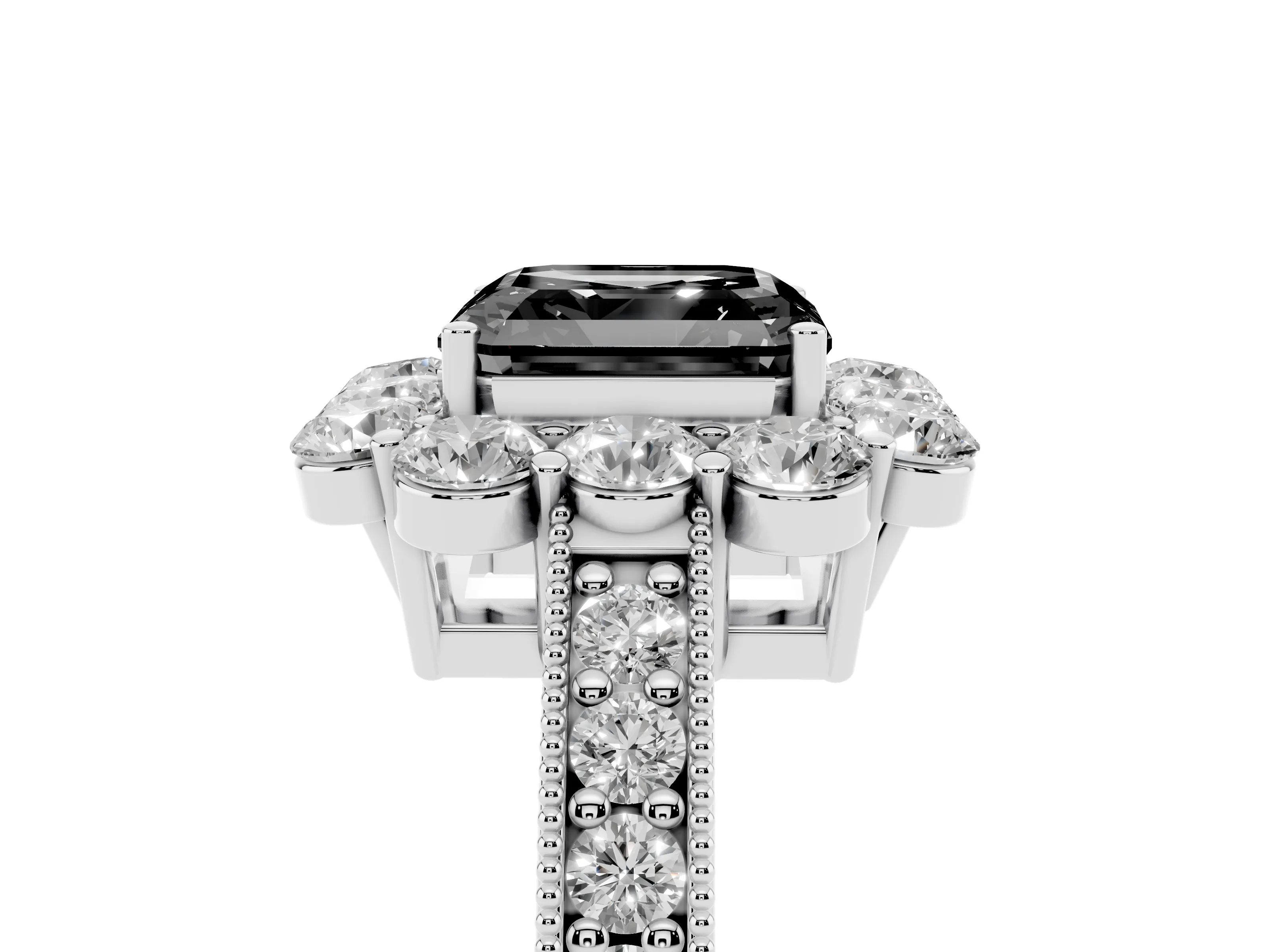 Fancy Black Asscher Cut Diamond Halo Pavé Engagement Ring Set in Platinum with Milgrain Detailing