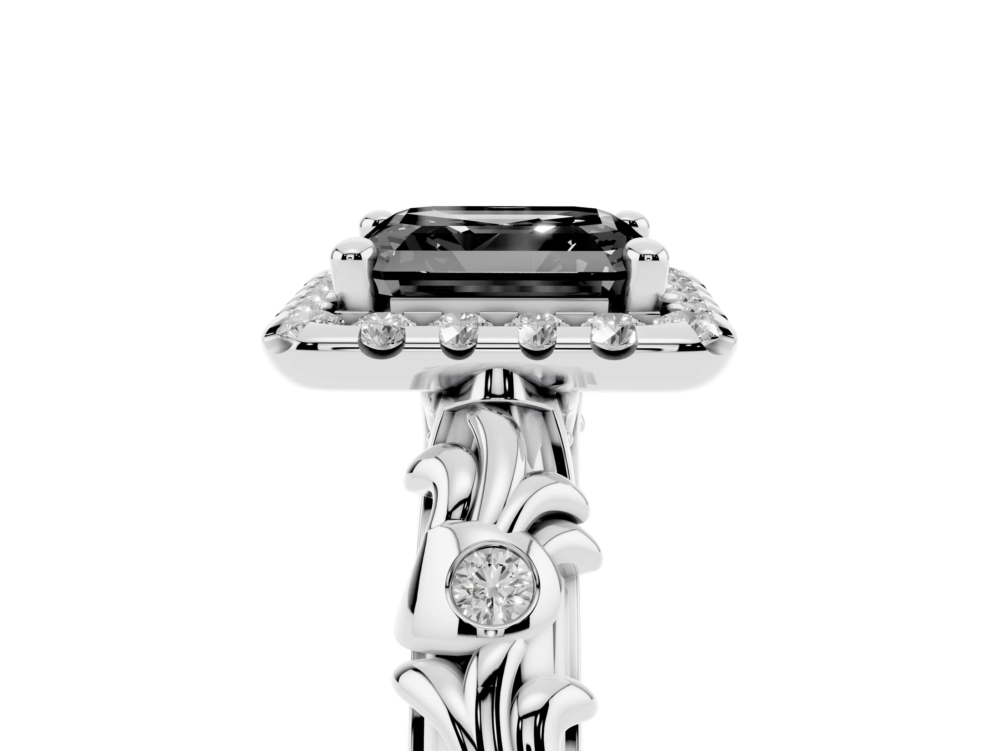 Fancy Black Asscher Cut Diamond Halo Ring Set in Silver with Filigree Leaf Band and Prong Setting