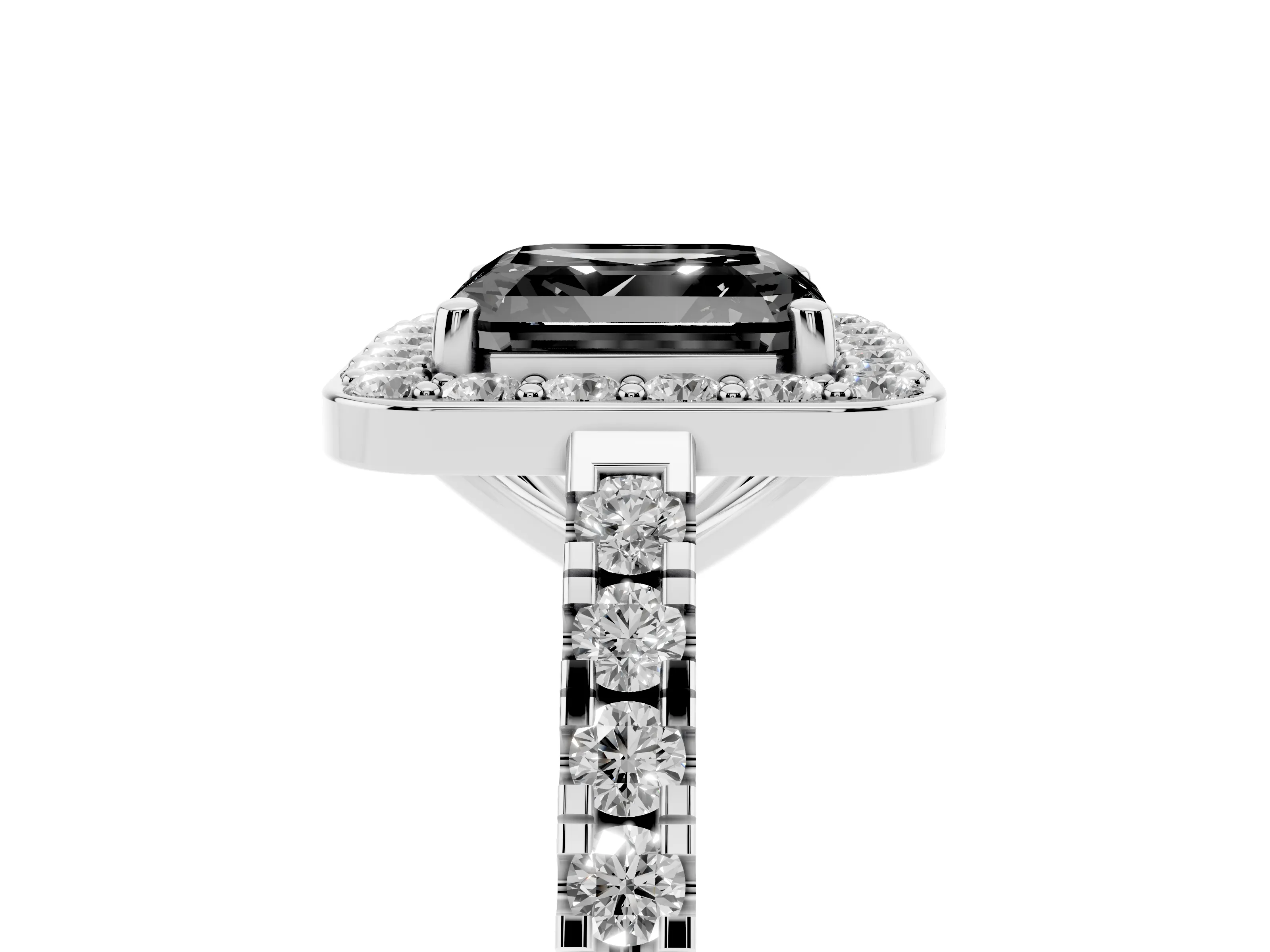 Fancy Black Asscher Cut Diamond Halo Ring Set in Silver with Round Pavé Split Shank and Prong Setting