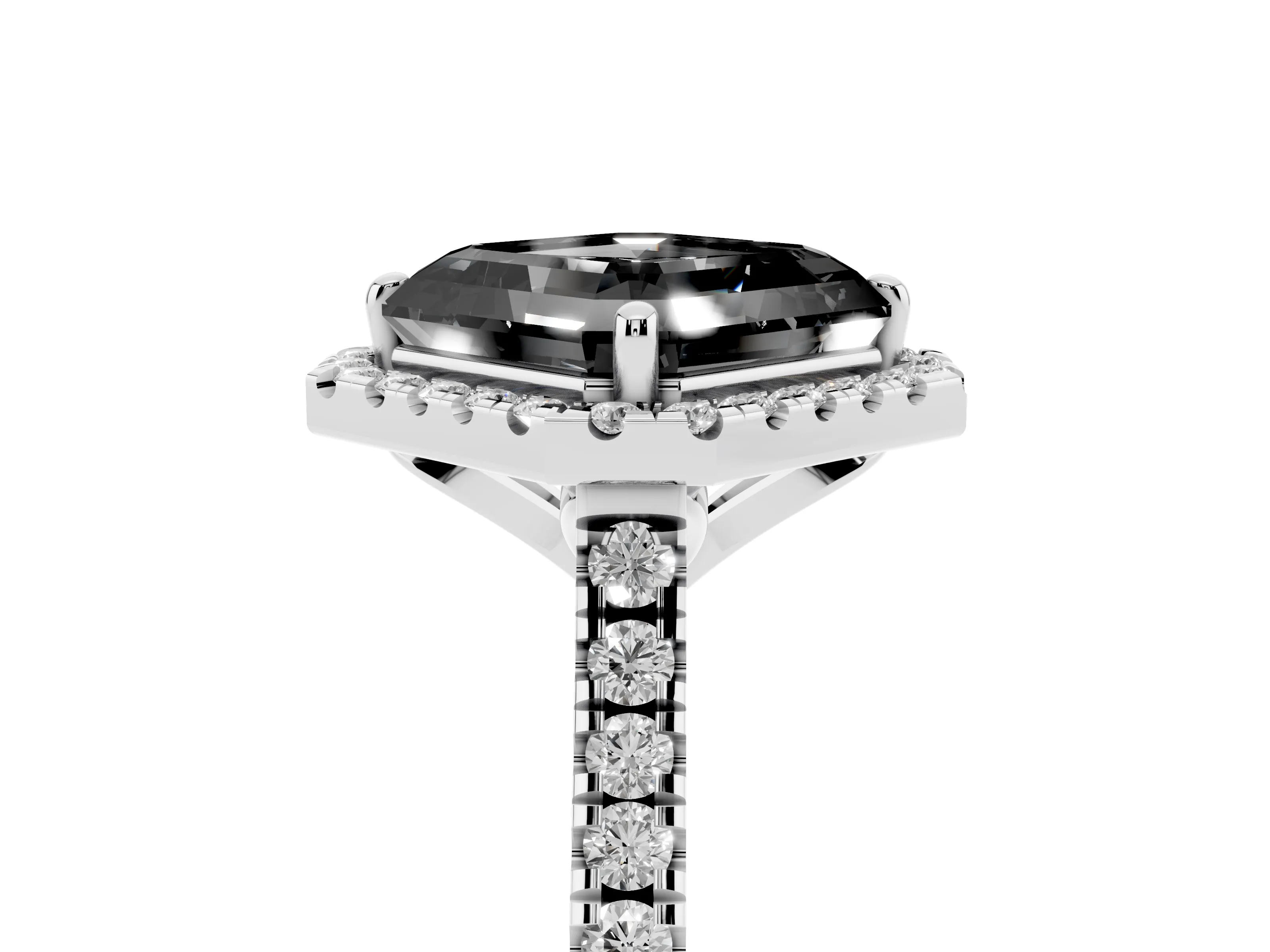 Fancy Black Asscher Cut Diamond Cushion Halo Ring Set in Silver with Pavé Band