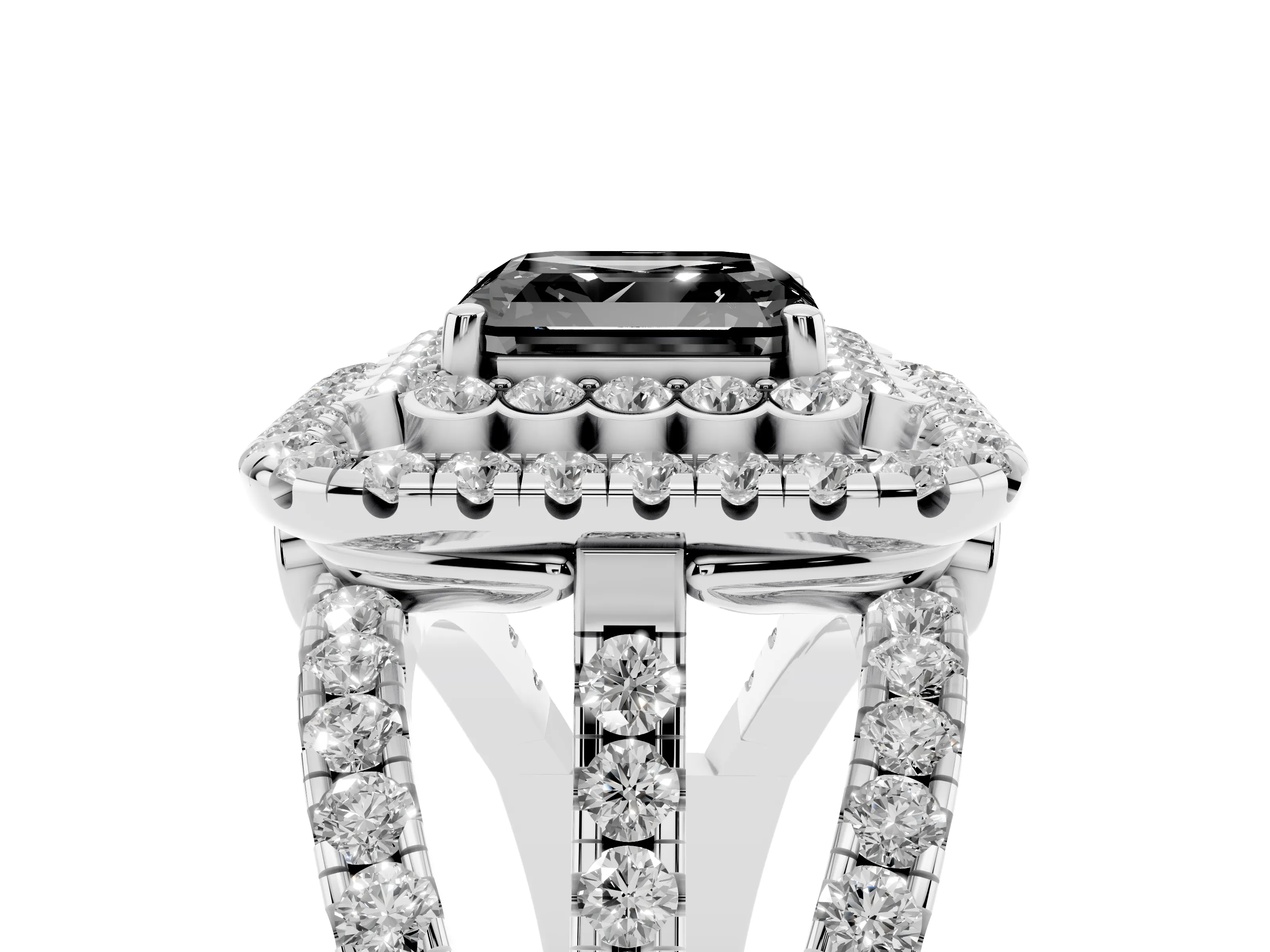 Fancy Black Asscher Cut Diamond Double Halo Ring Set in White gold with Round Pavé Split Shank