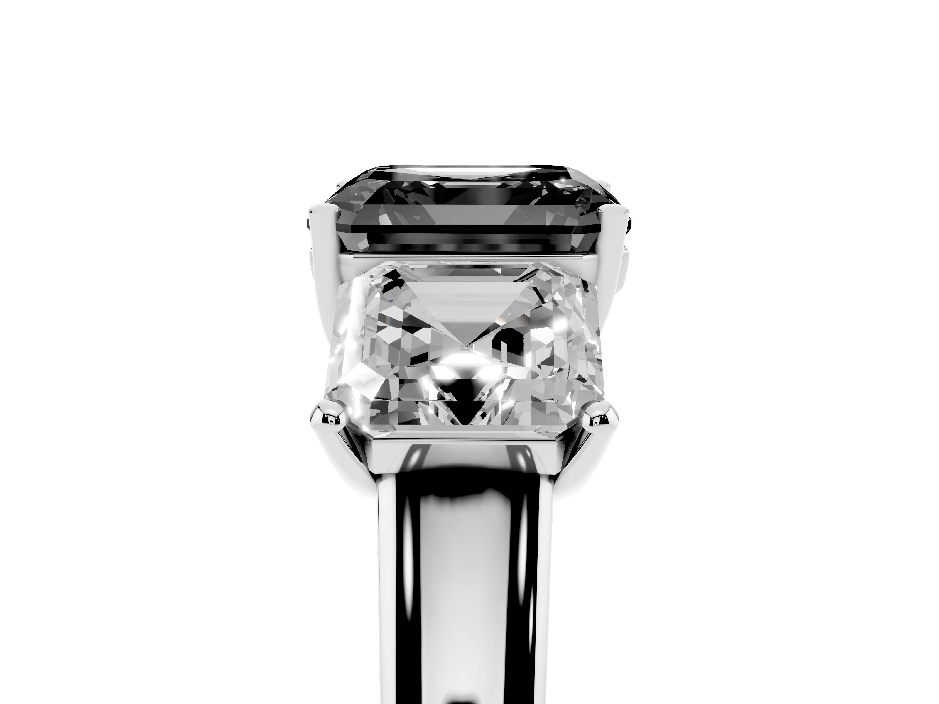 Fancy Black Asscher Cut Diamond Three-Stone Ring Set in Silver with Classic Prong Setting and Plain Band