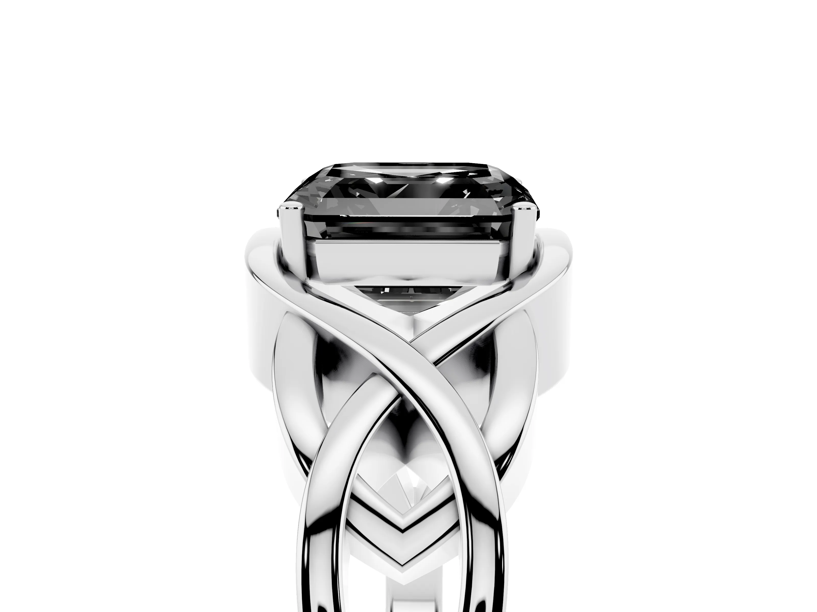 Fancy Black Asscher Cut Diamond Solitaire Ring Set in Platinum with Intertwined Band