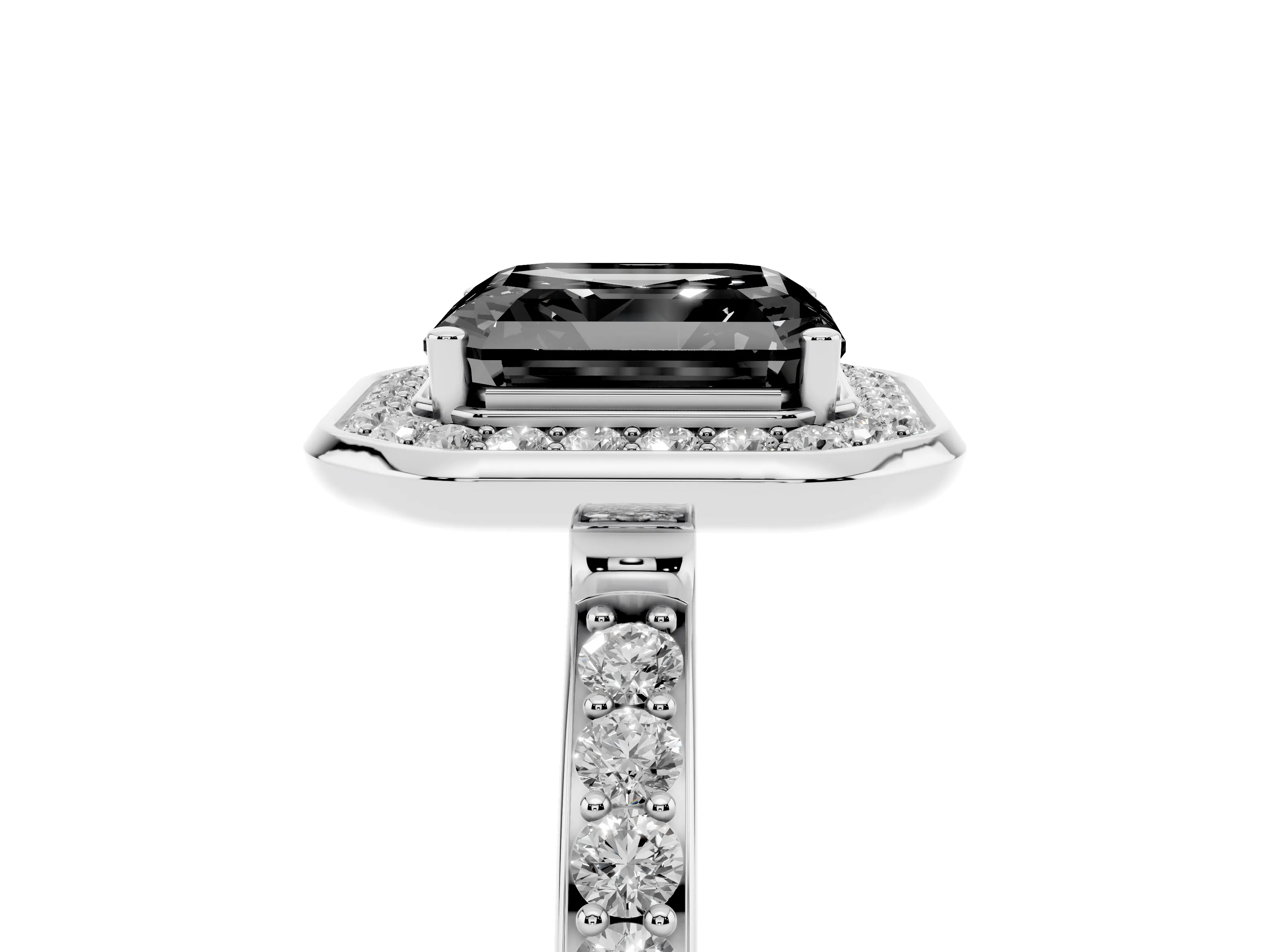 Fancy Black Asscher Cut Diamond Halo Ring Set in Silver with Bezel Frame and Pavé Band