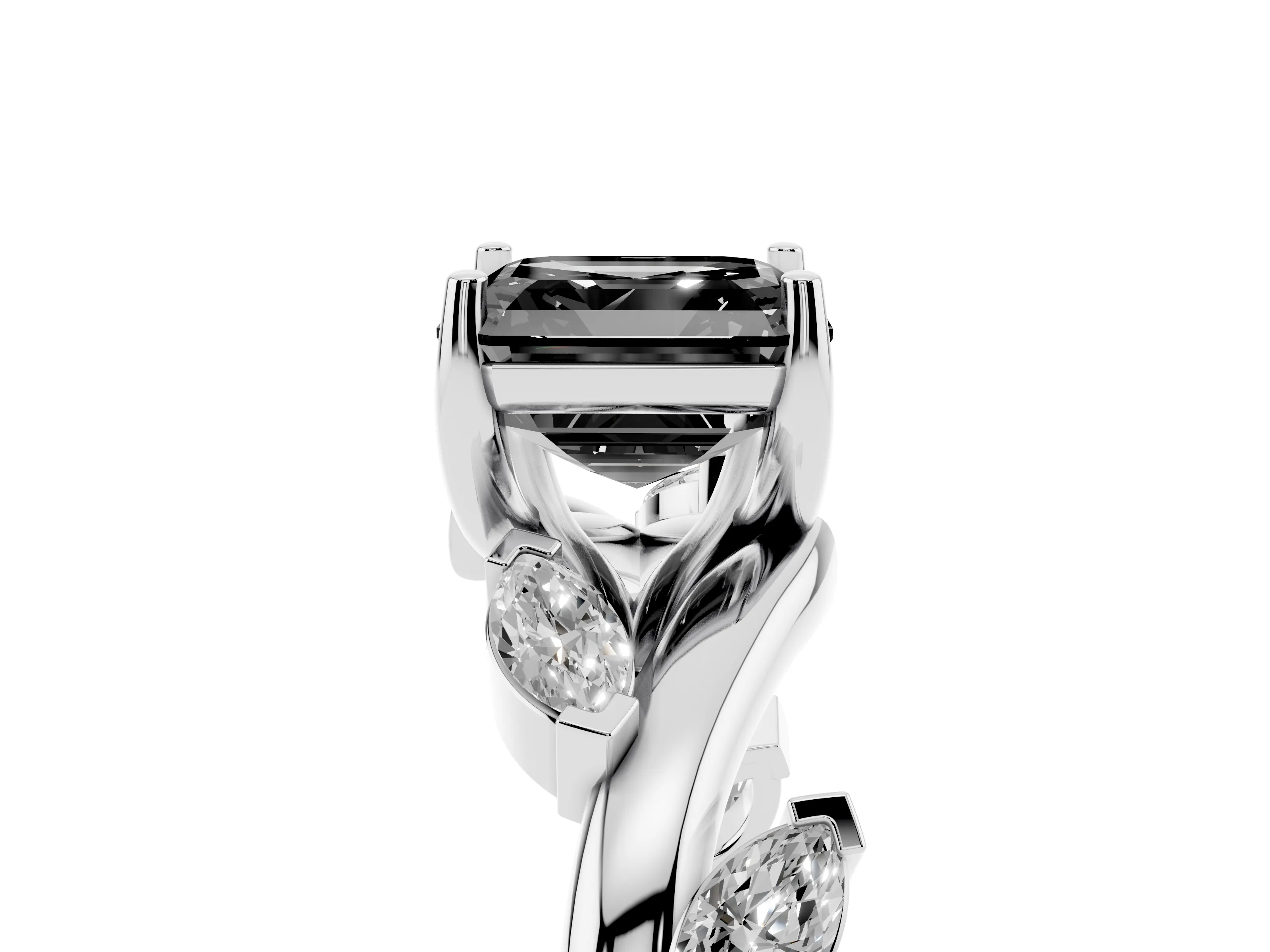 Fancy Black Asscher Cut Diamond Solitaire Ring Set in White gold with Twisted Marquise Accent Band