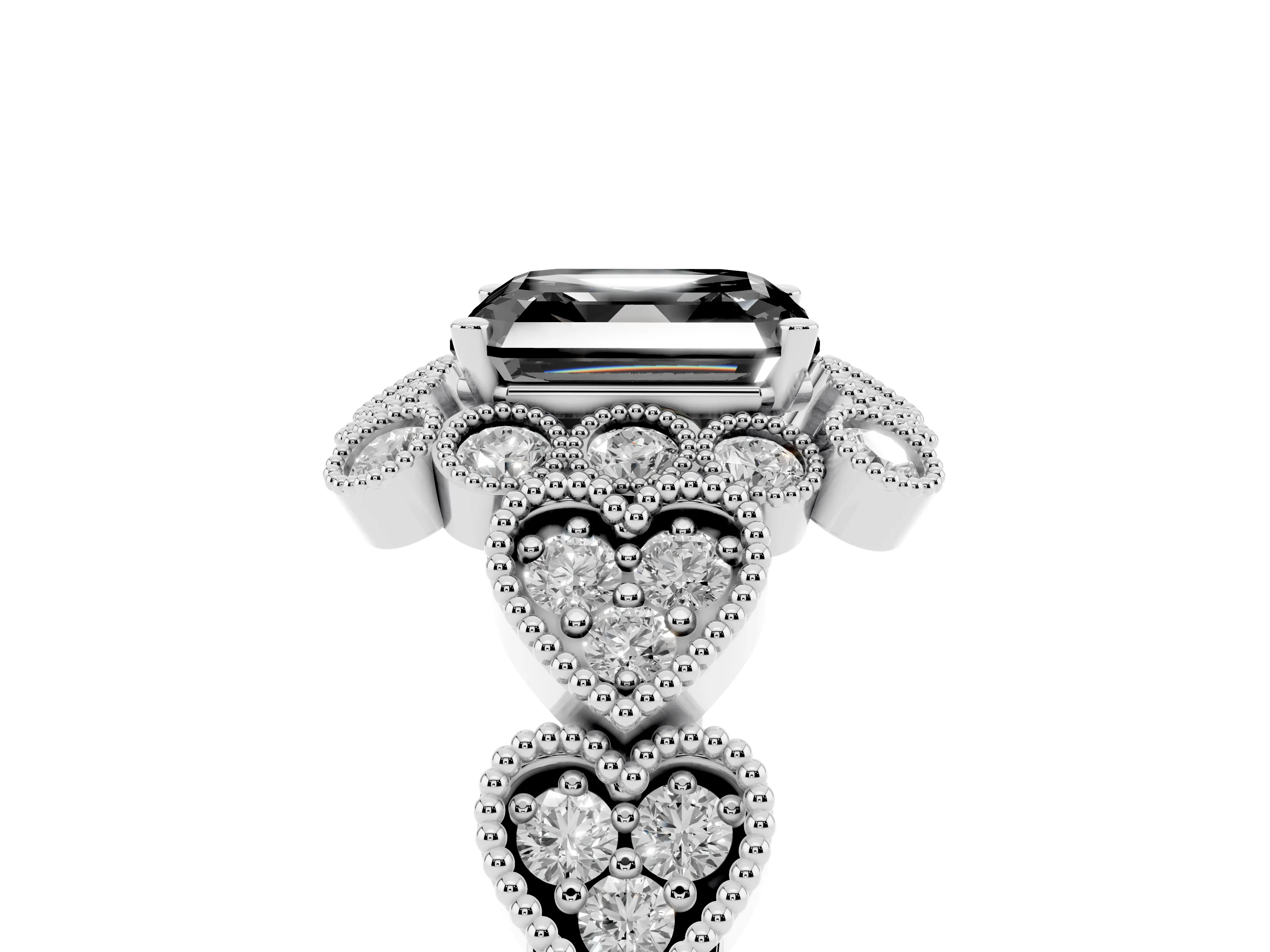 Fancy Black Asscher Cut Diamond Solitaire Ring Set in Platinum with Milgrain Pavé Heart Band