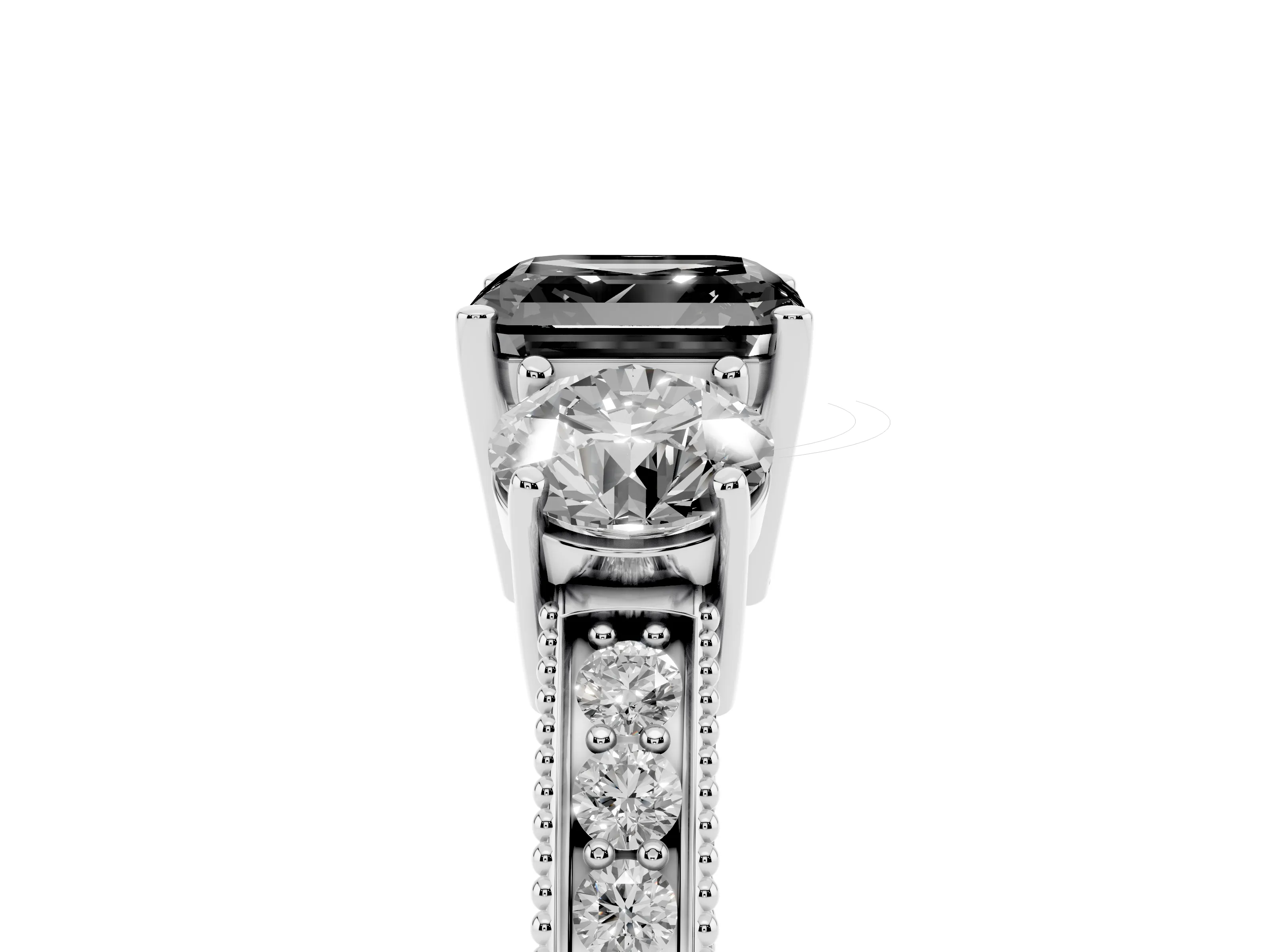 Fancy Black Asscher Cut Diamond Three-Stone Ring Set in White gold with Round Side Stones and Pavé Band