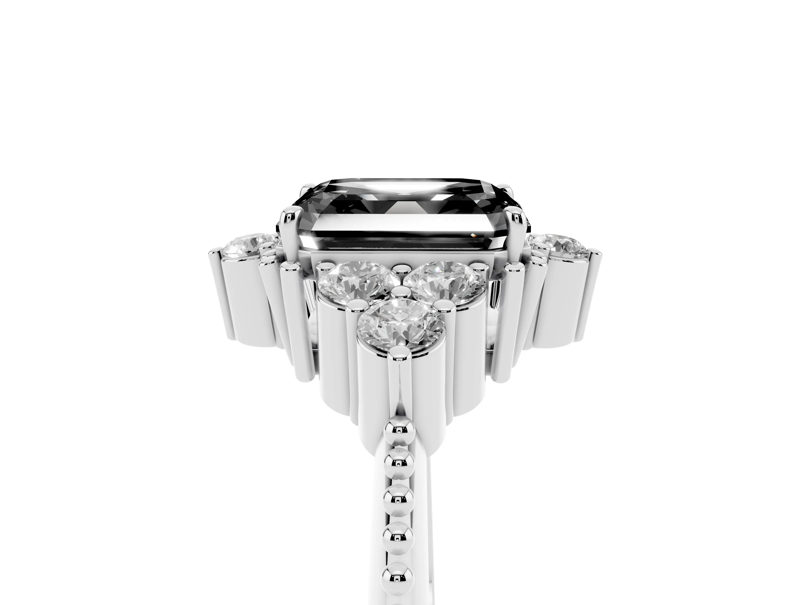 Fancy Black Asscher Cut Diamond Cluster Ring Set in Silver with Beaded Band