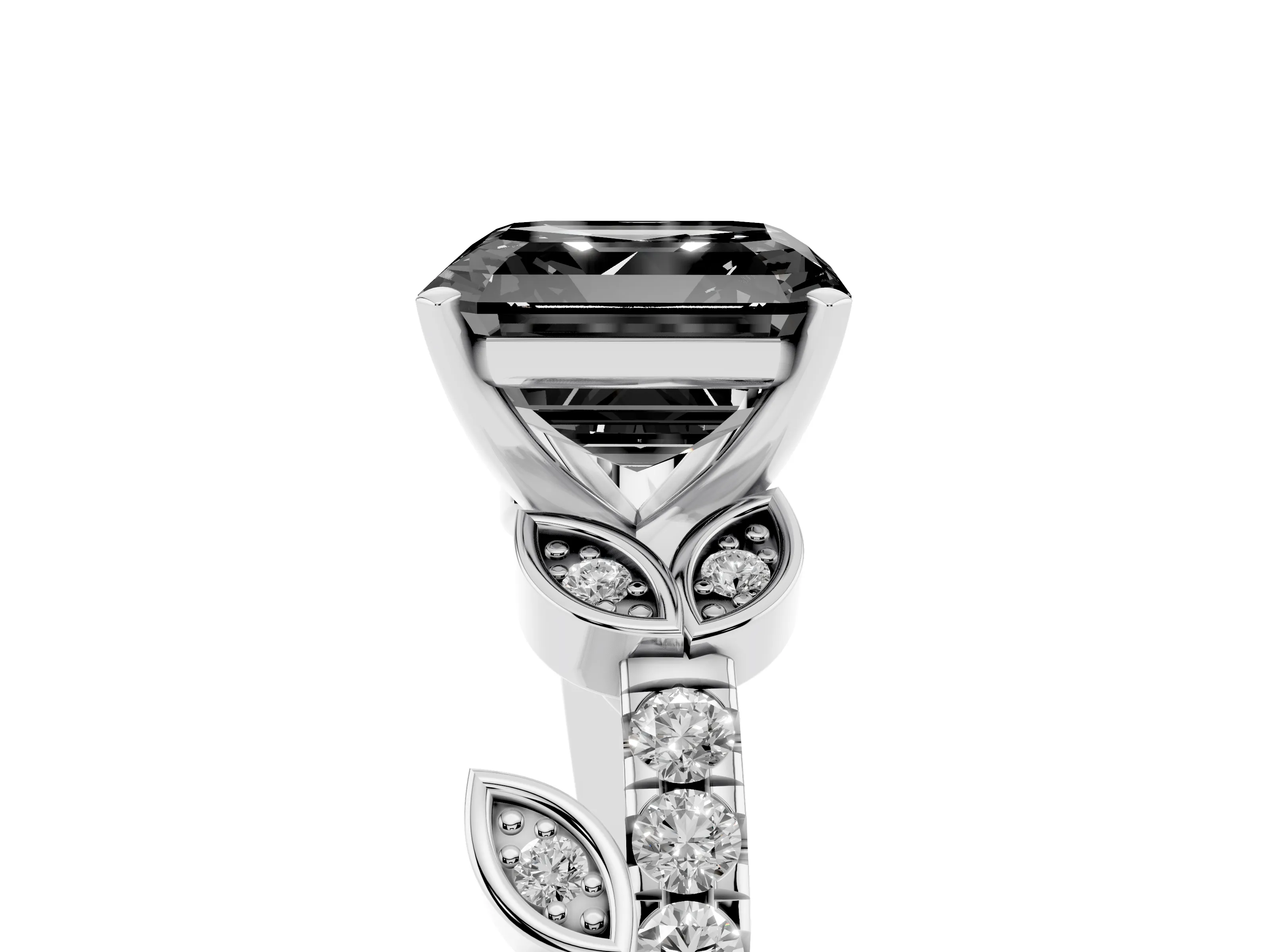 Fancy Black Asscher Cut Diamond Solitaire Leaf-Inspired Ring Set in White gold with Pavé Band and Prong Setting