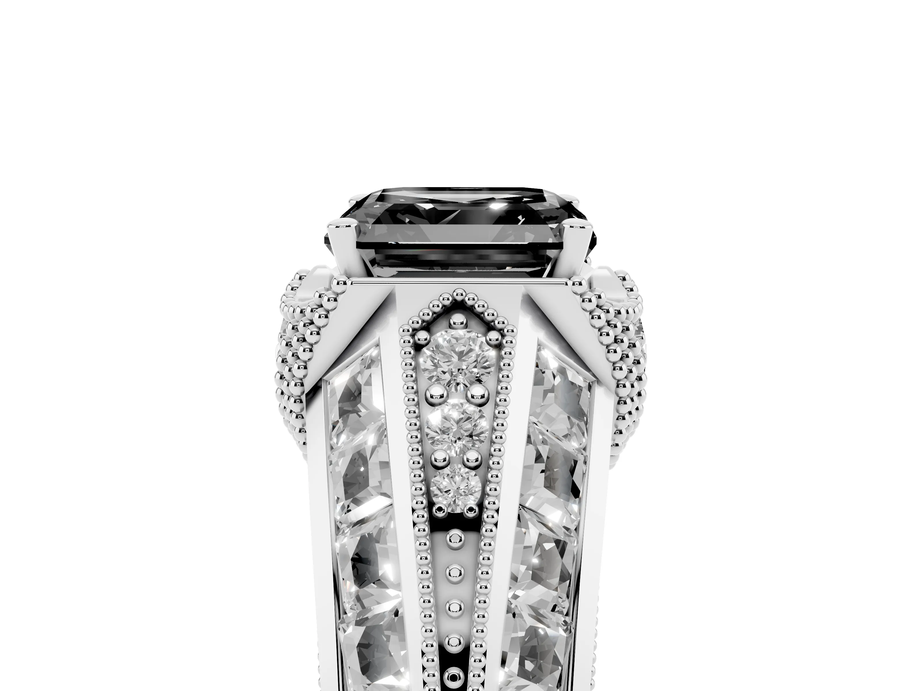 Fancy Black Asscher Cut Diamond Vintage-Inspired Milgrain Ring Set in Platinum with Accent Split Shank