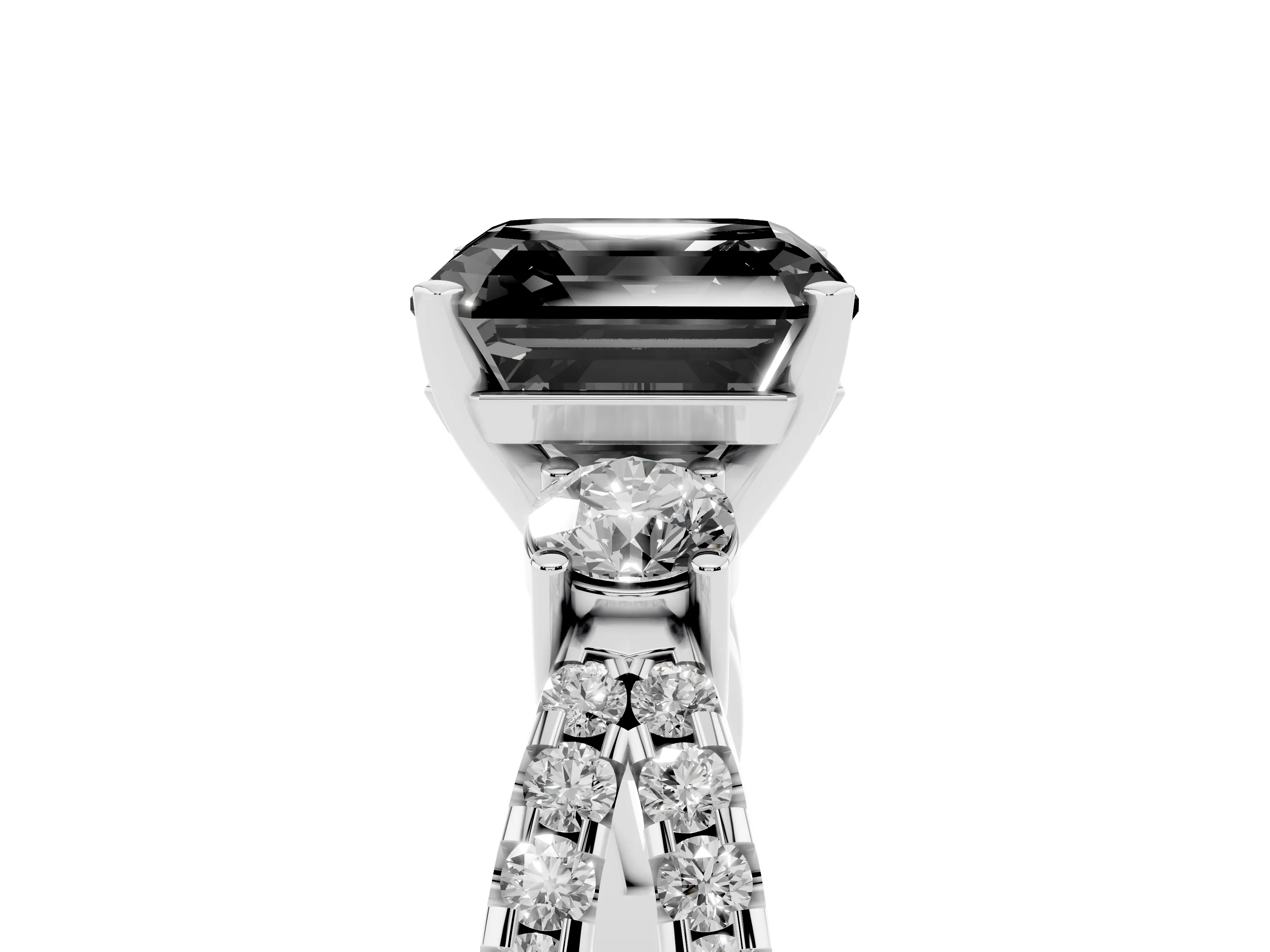 Fancy Black Asscher Cut Diamond Three-Stone Ring Set in Platinum with Pavé Split Shank and Prong Setting