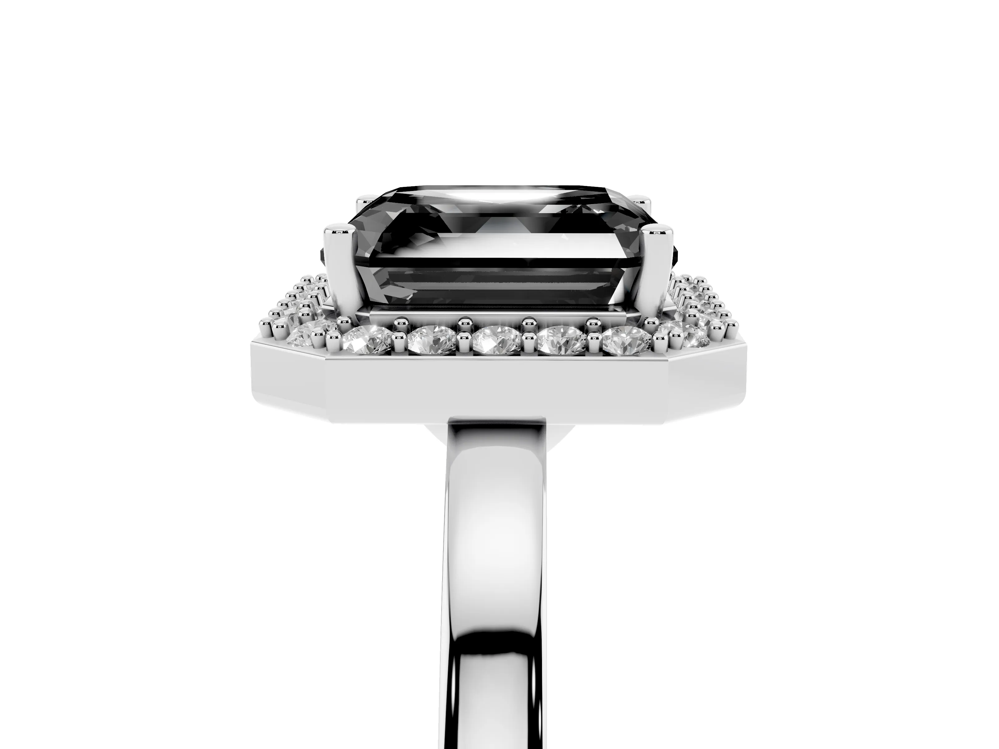 Fancy Black Asscher Cut Diamond Halo Ring Set in White gold with Solitaire Band and Prong Setting