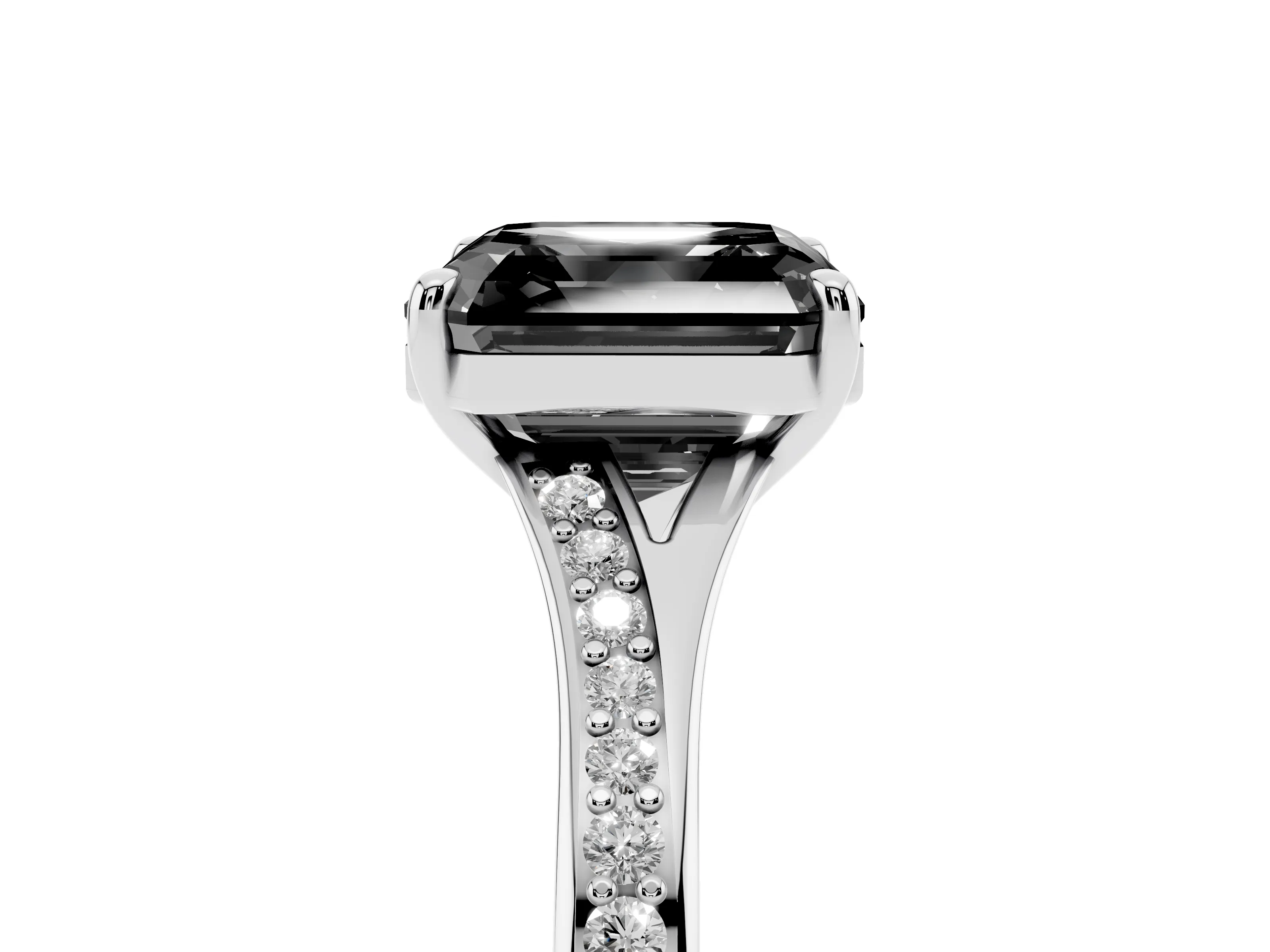 Fancy Black Asscher Cut Diamond Solitaire Ring Set in White gold with Pavé Accent Band and Classic Prong Setting