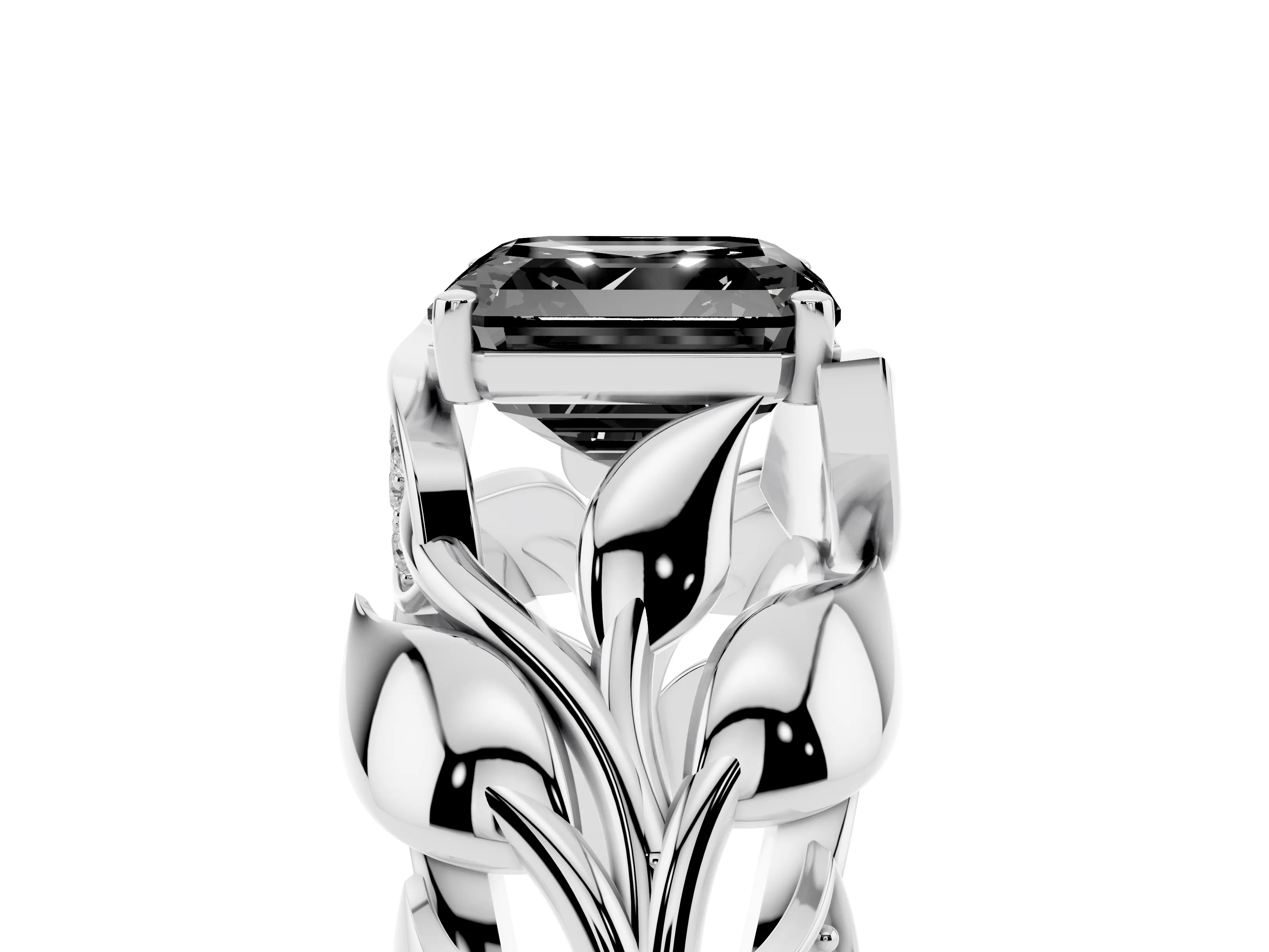 Fancy Black Asscher Cut Diamond Leaf-Inspired Engagement Ring Set in Silver with Round Accents