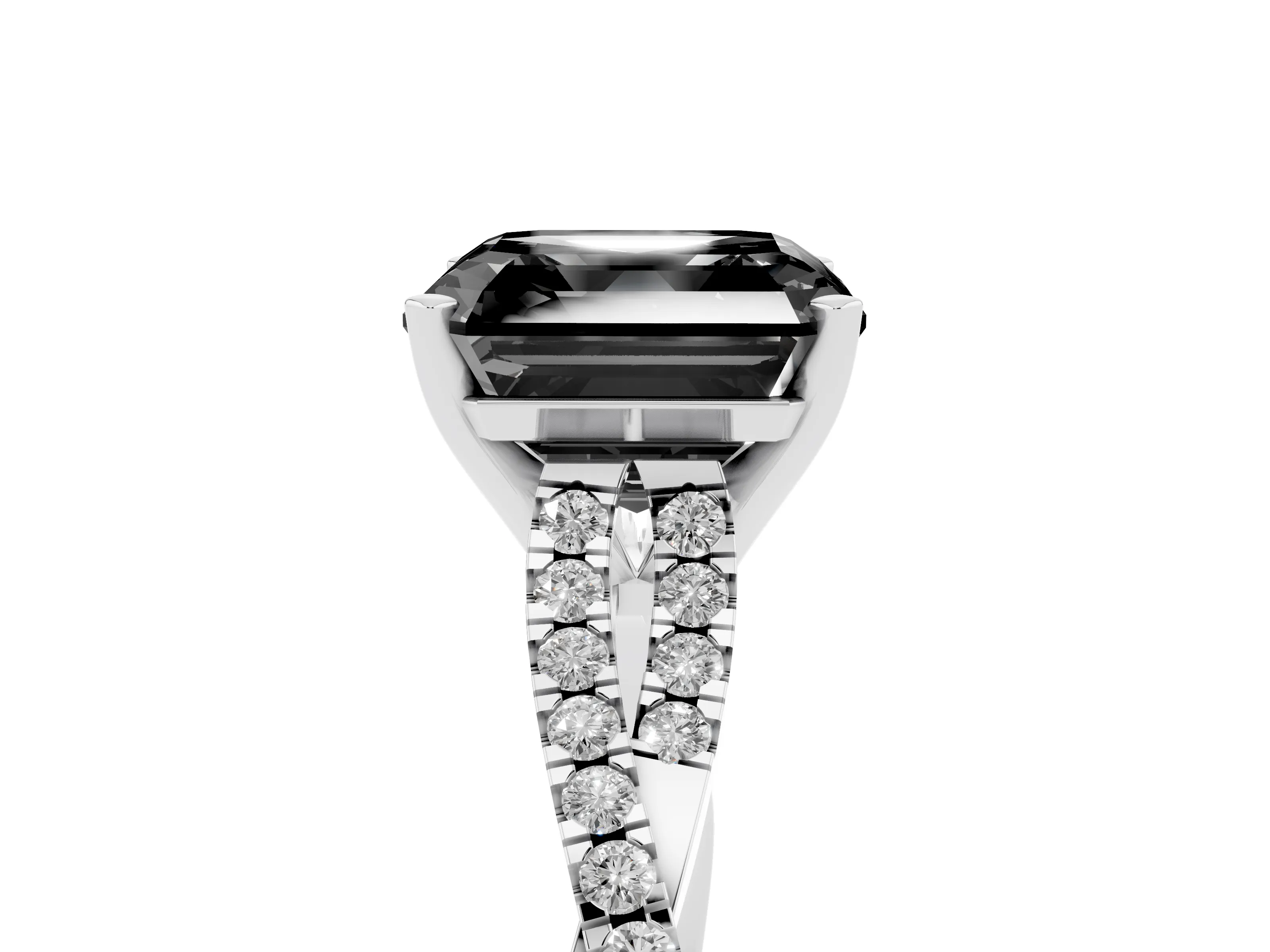 Fancy Black Asscher Cut Diamond Solitaire Engagement Ring Set in White gold with Twisted Pavé Band and Prong Setting
