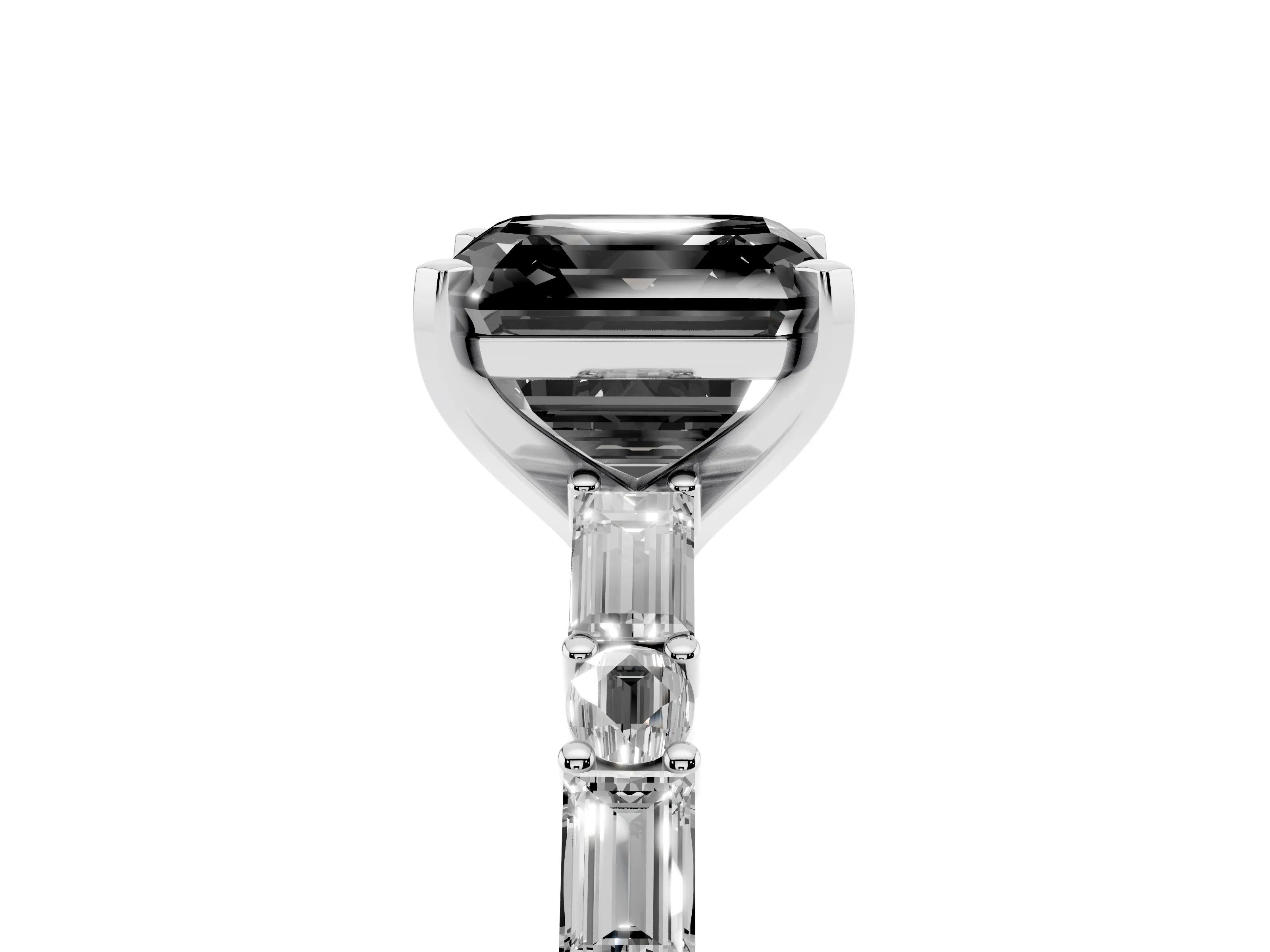 Fancy Black Asscher Cut Diamond Solitaire Set in Silver with Side Baguettes and Channel Set Band