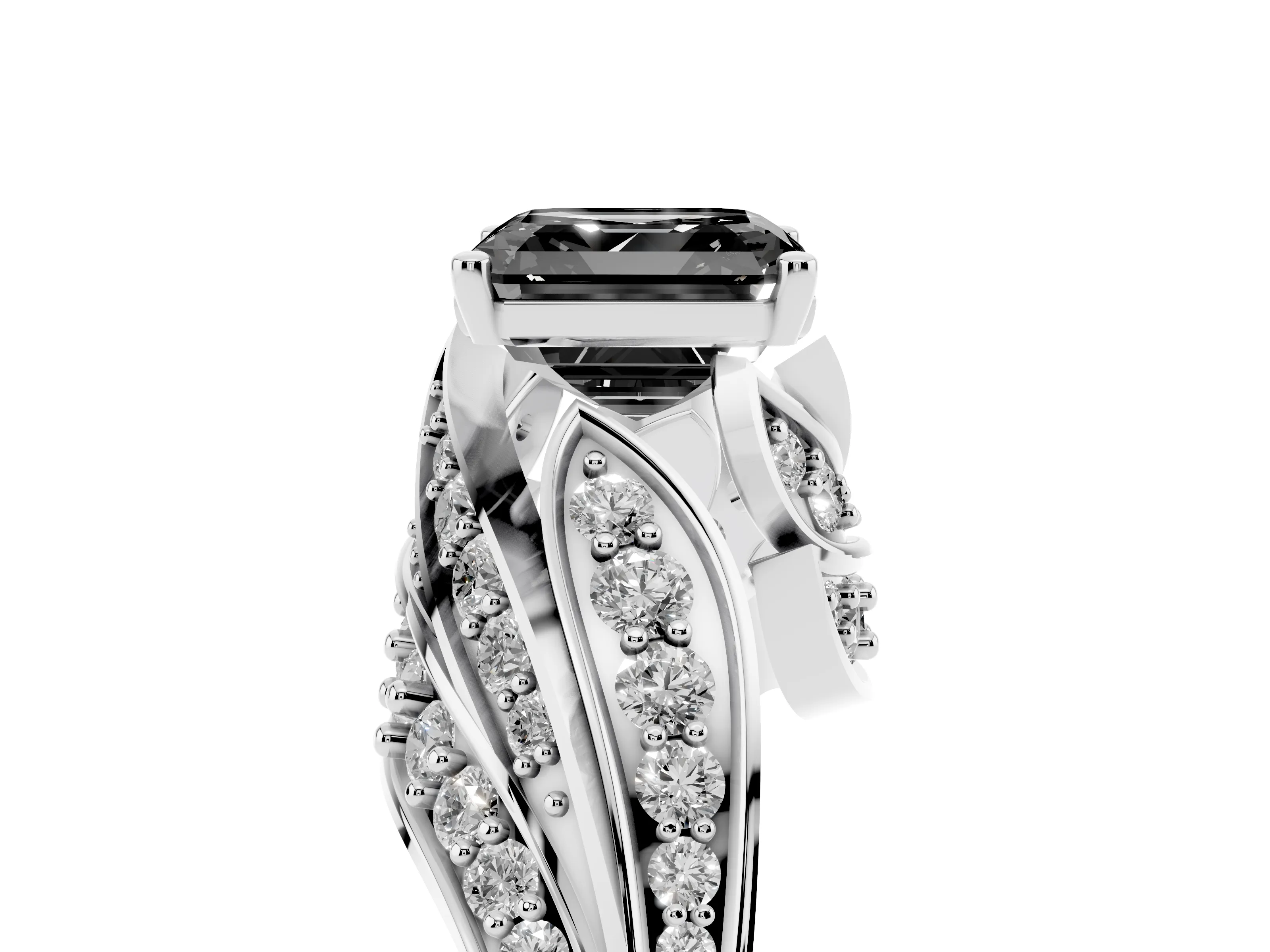 Fancy Black Asscher Cut Diamond Solitaire Ring Set in Silver with Layered Twist Pavé Band