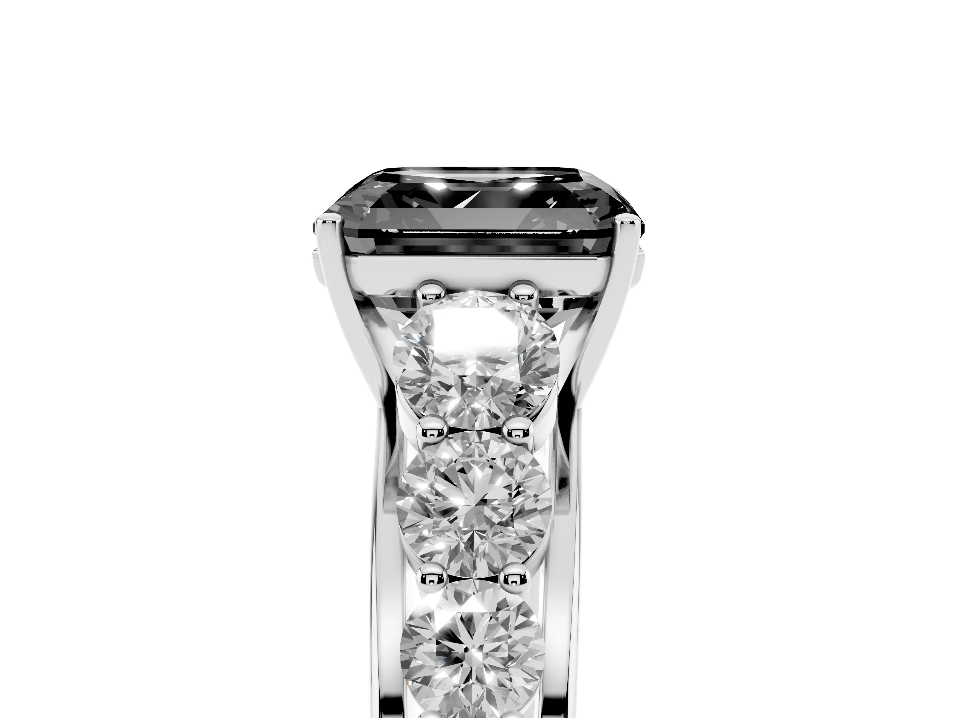 Fancy Black Asscher Cut Diamond Solitaire Ring Set in White gold with Pavé-Set Band and Prong Setting