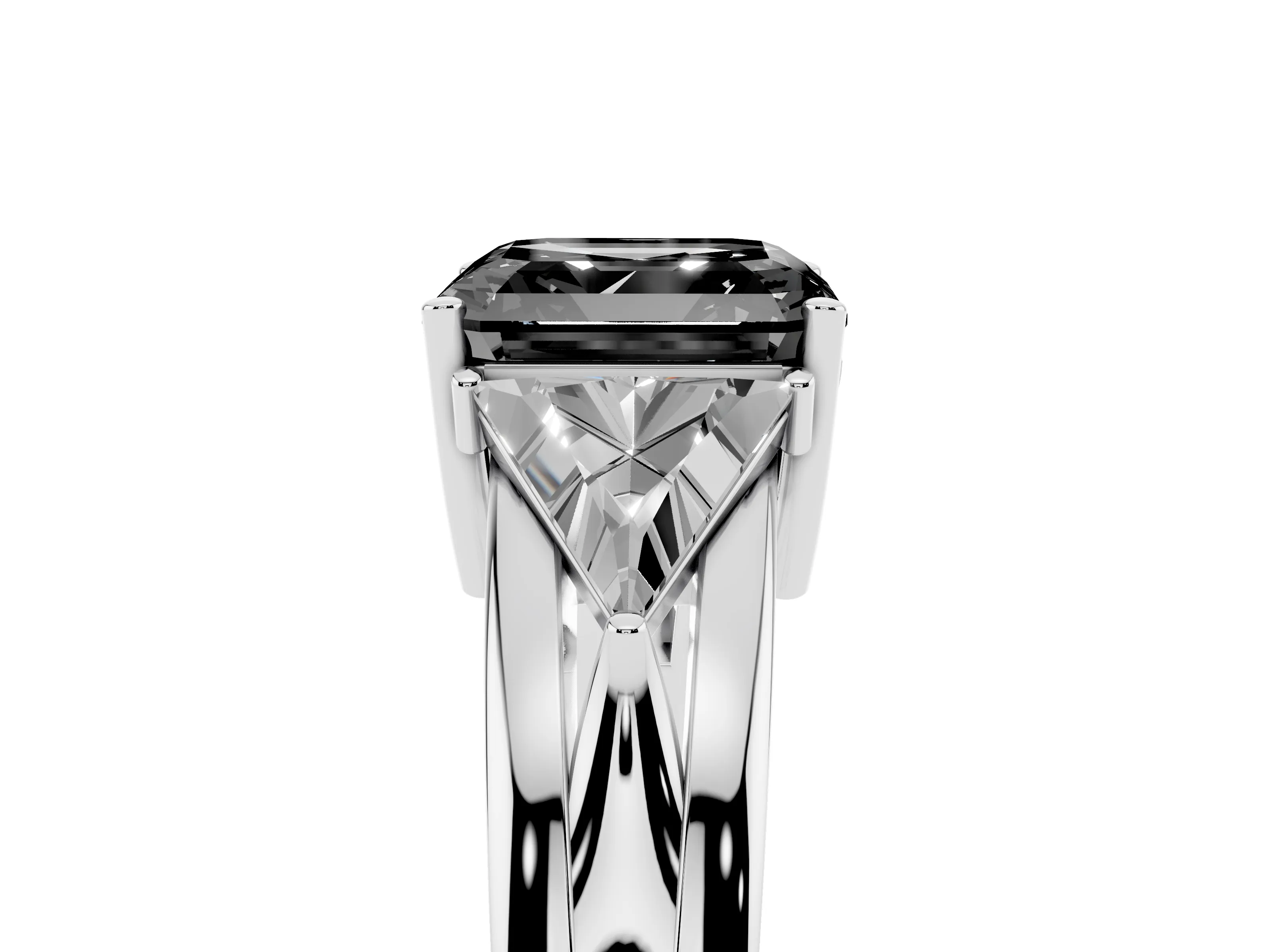 Fancy Black Asscher Cut Diamond Three-Stone Ring Set in Platinum with Trillion Side Stones and Split Shank