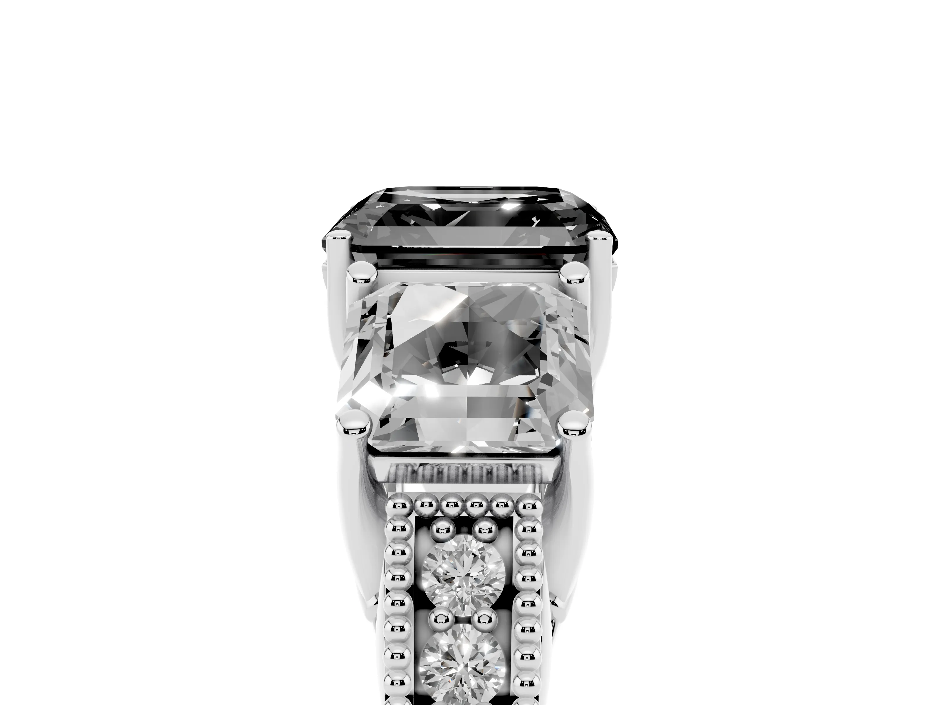 Fancy Black Asscher Cut Diamond Three-Stone Engagement Ring Set in Silver with Milgrain Pavé Band