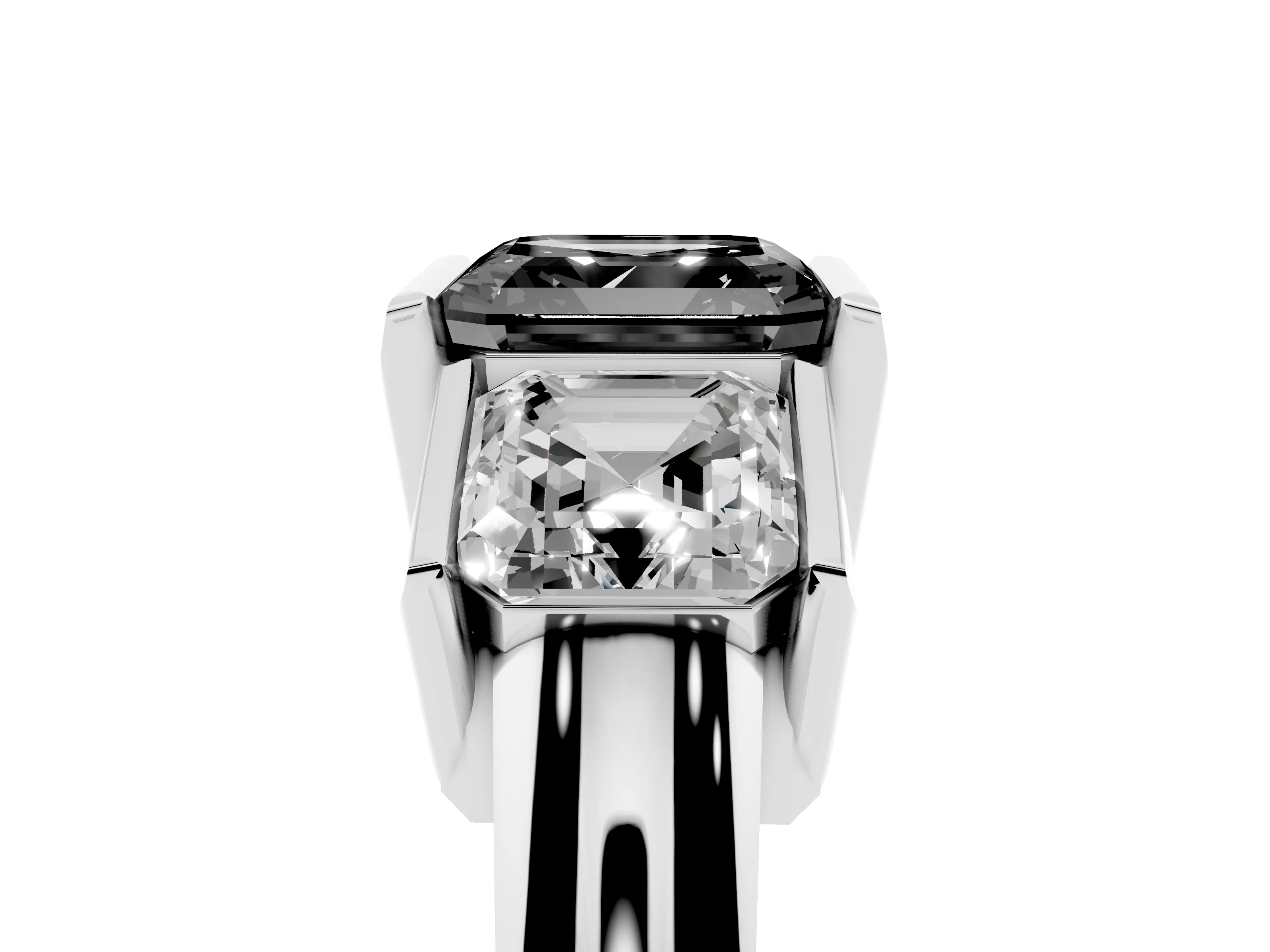 Fancy Black Asscher Cut Diamond Three-Stone Channel Set Ring Set in Silver with Smooth Polished Band