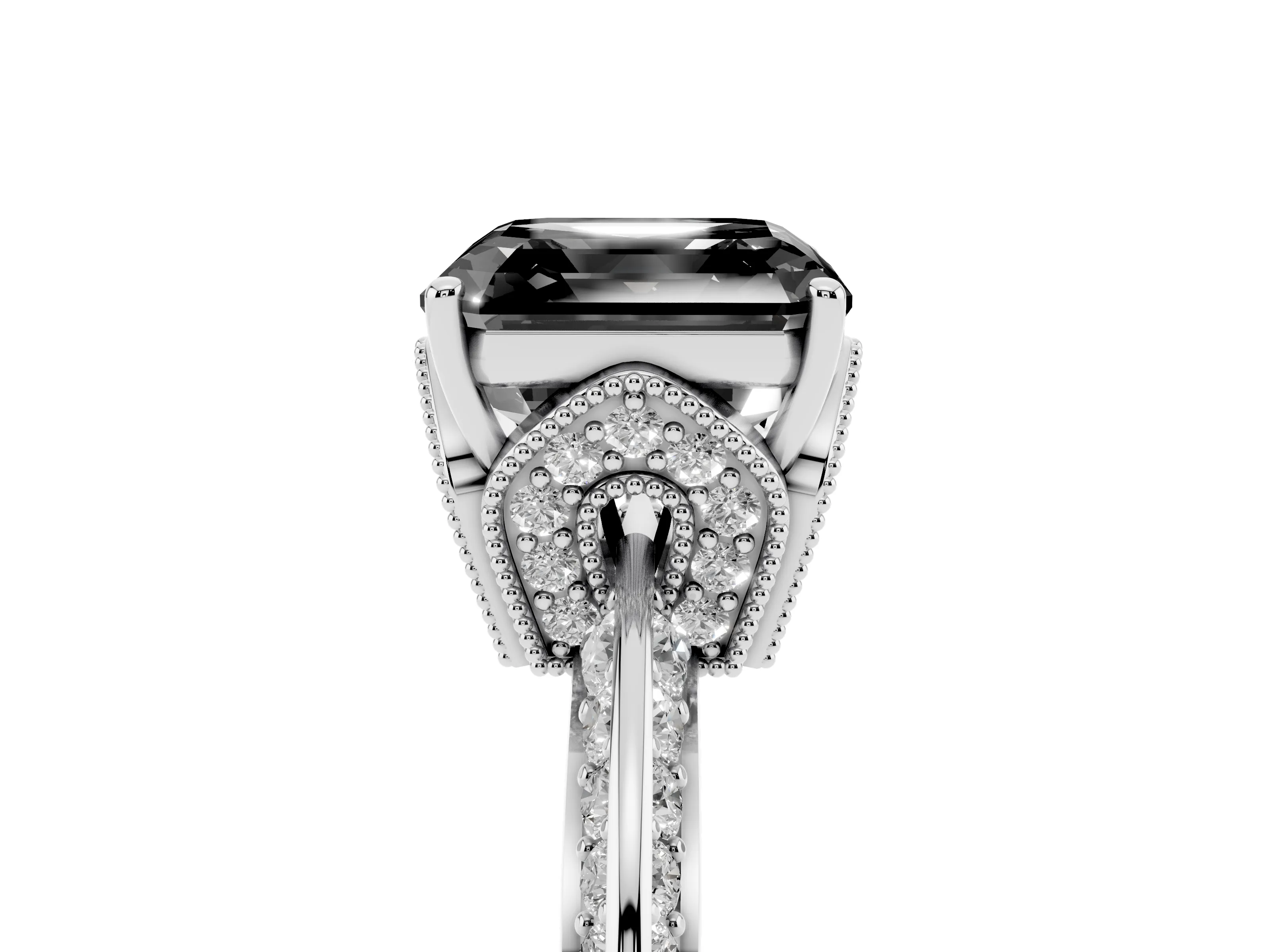 Fancy Black Asscher Cut Diamond Solitaire Engagement Ring Set in White gold with Pavé Split Shank and Prong Setting