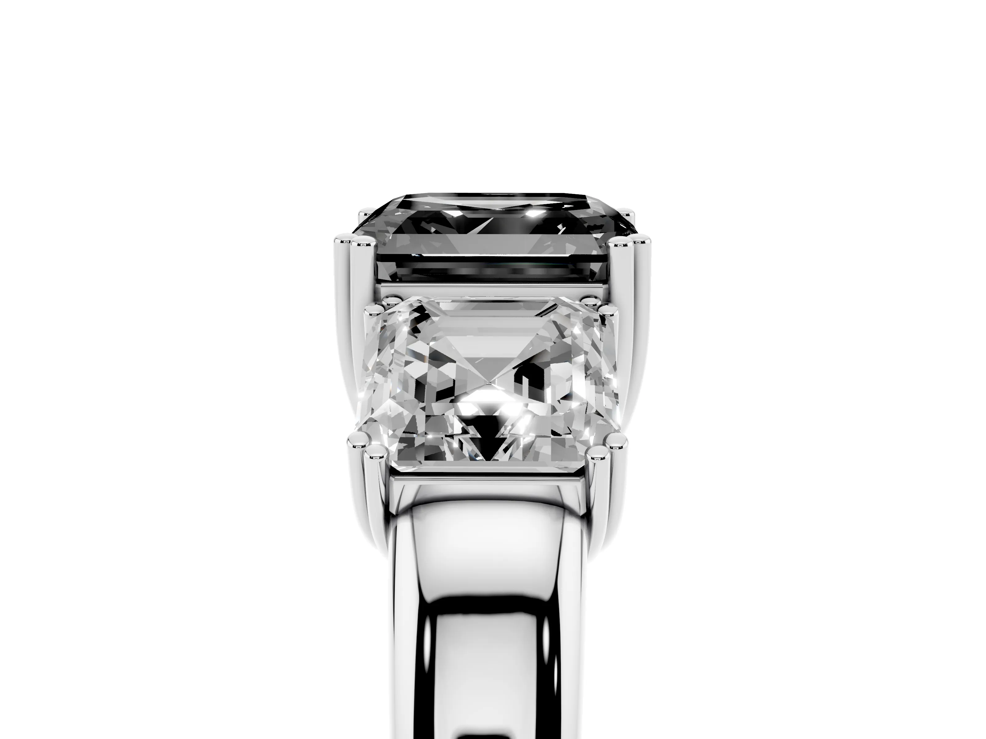 Fancy Black Asscher Cut Diamond Three-Stone Ring Set in Silver with Polished Band and Prong Setting