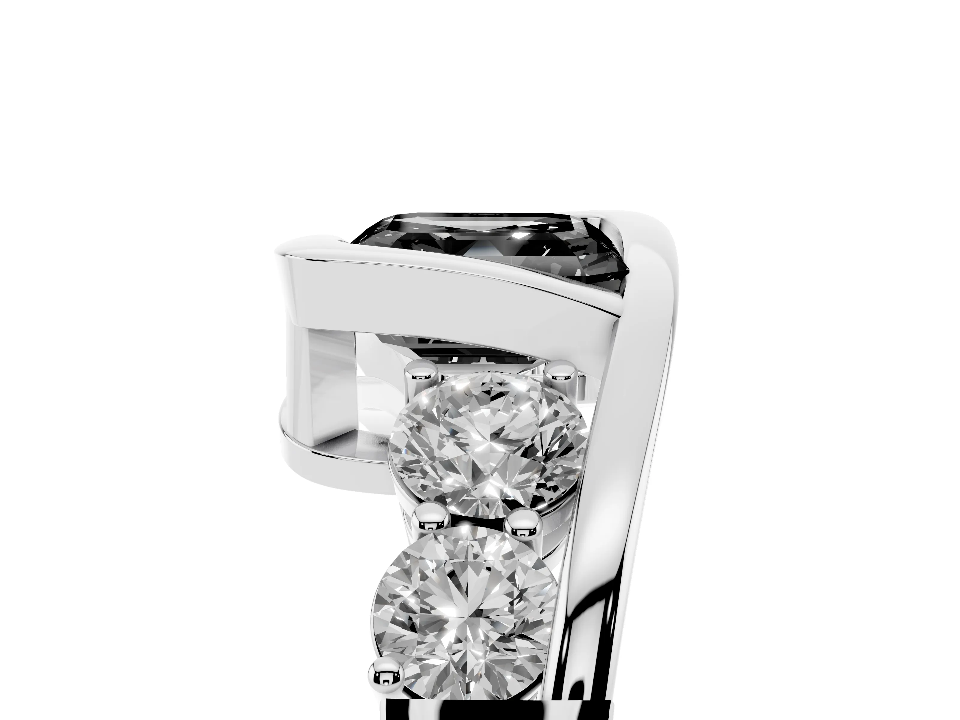Fancy Black Asscher Cut Diamond Bezel Bypass Ring Set in Silver with Round Accents