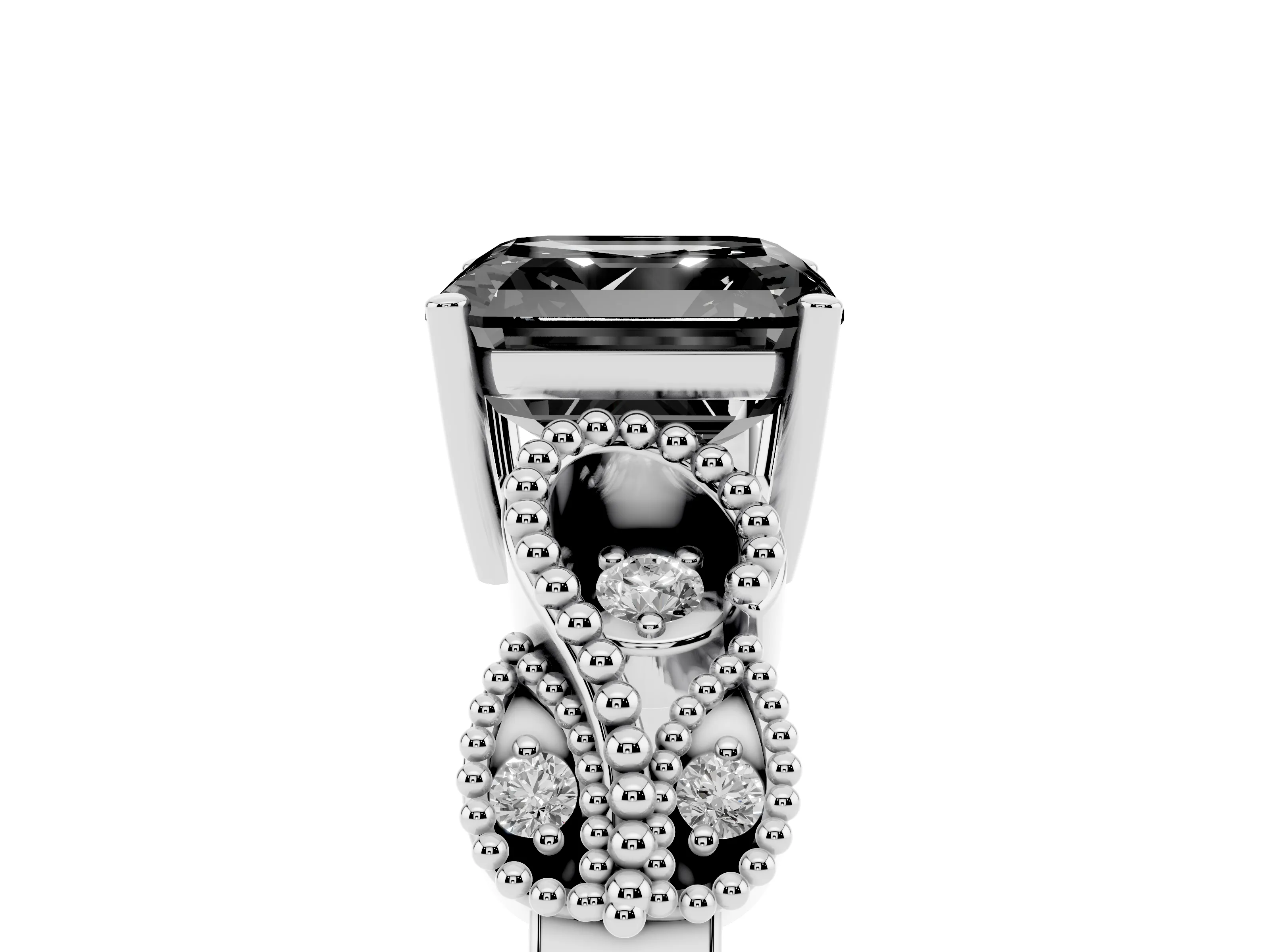 Fancy Black Asscher Cut Diamond Milgrain Leaf Band Solitaire Ring Set in White gold with Accent Stones and Prong Setting