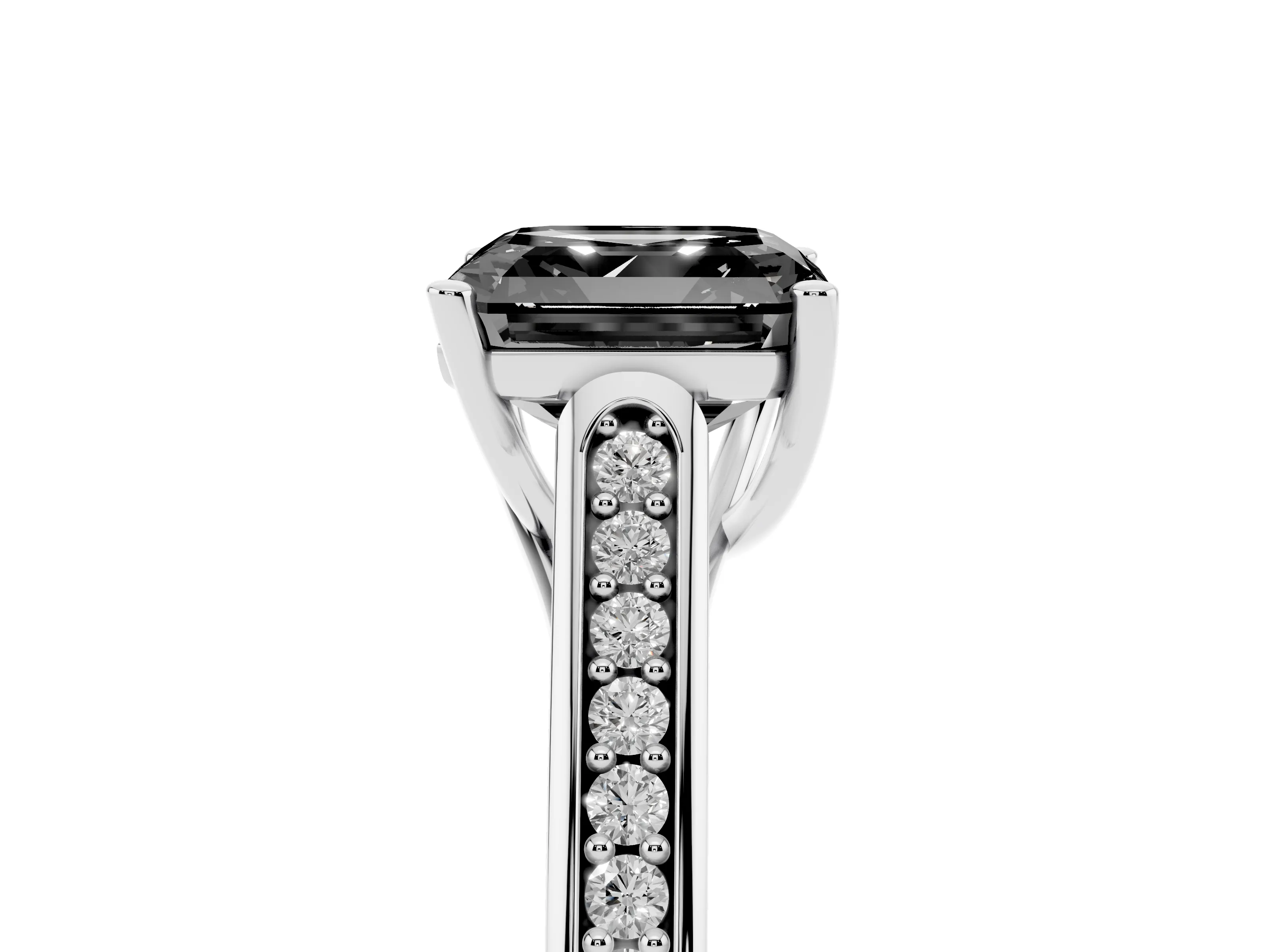Fancy Black Asscher Cut Diamond Solitaire Cathedral Engagement Ring Set in White gold with Channel-Set Band and Prong Setting