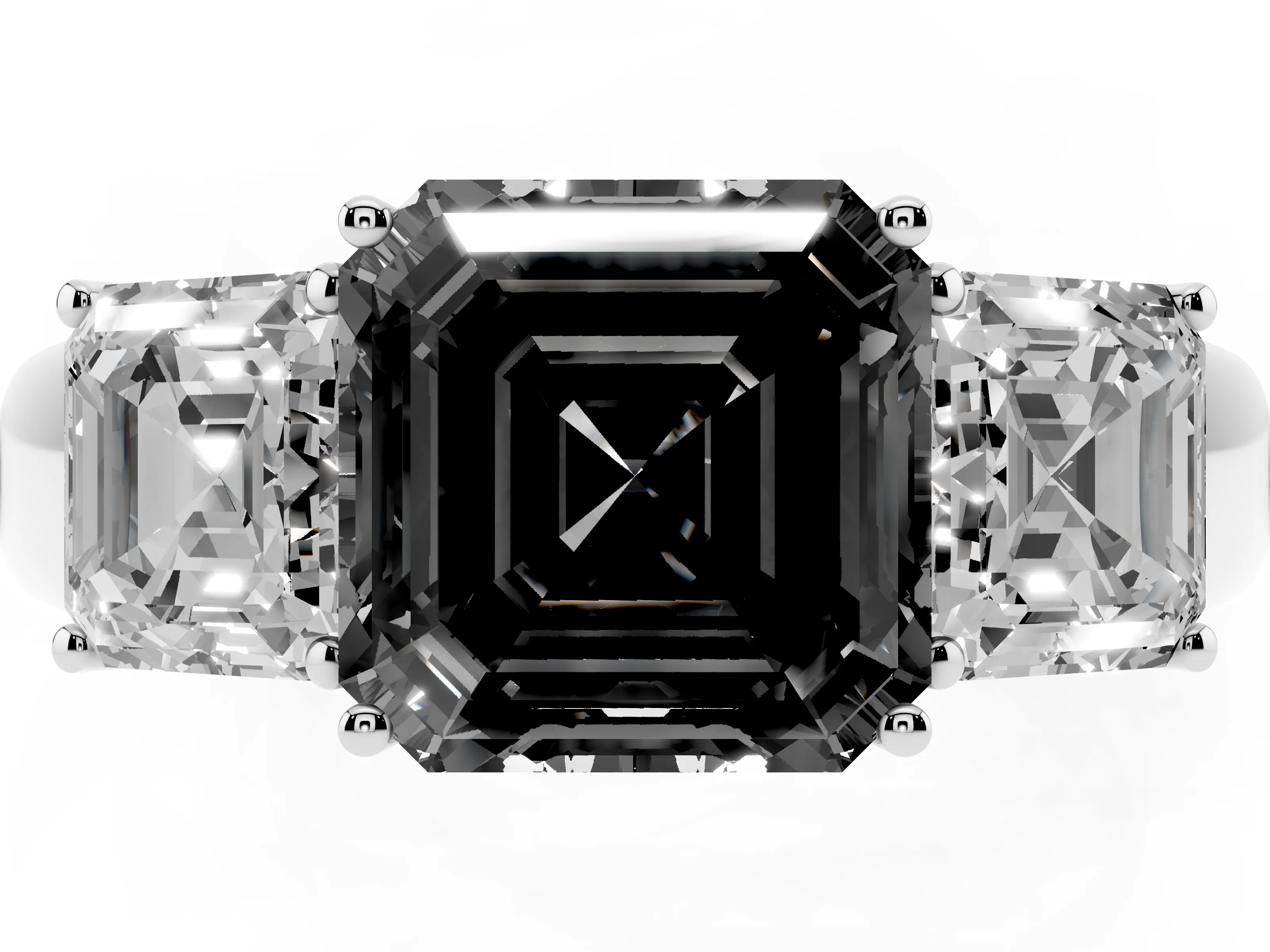 Fancy Black Three-Stone Asscher Cut Diamond Ring Set in Silver with Matching Prong Settings and Plain Band