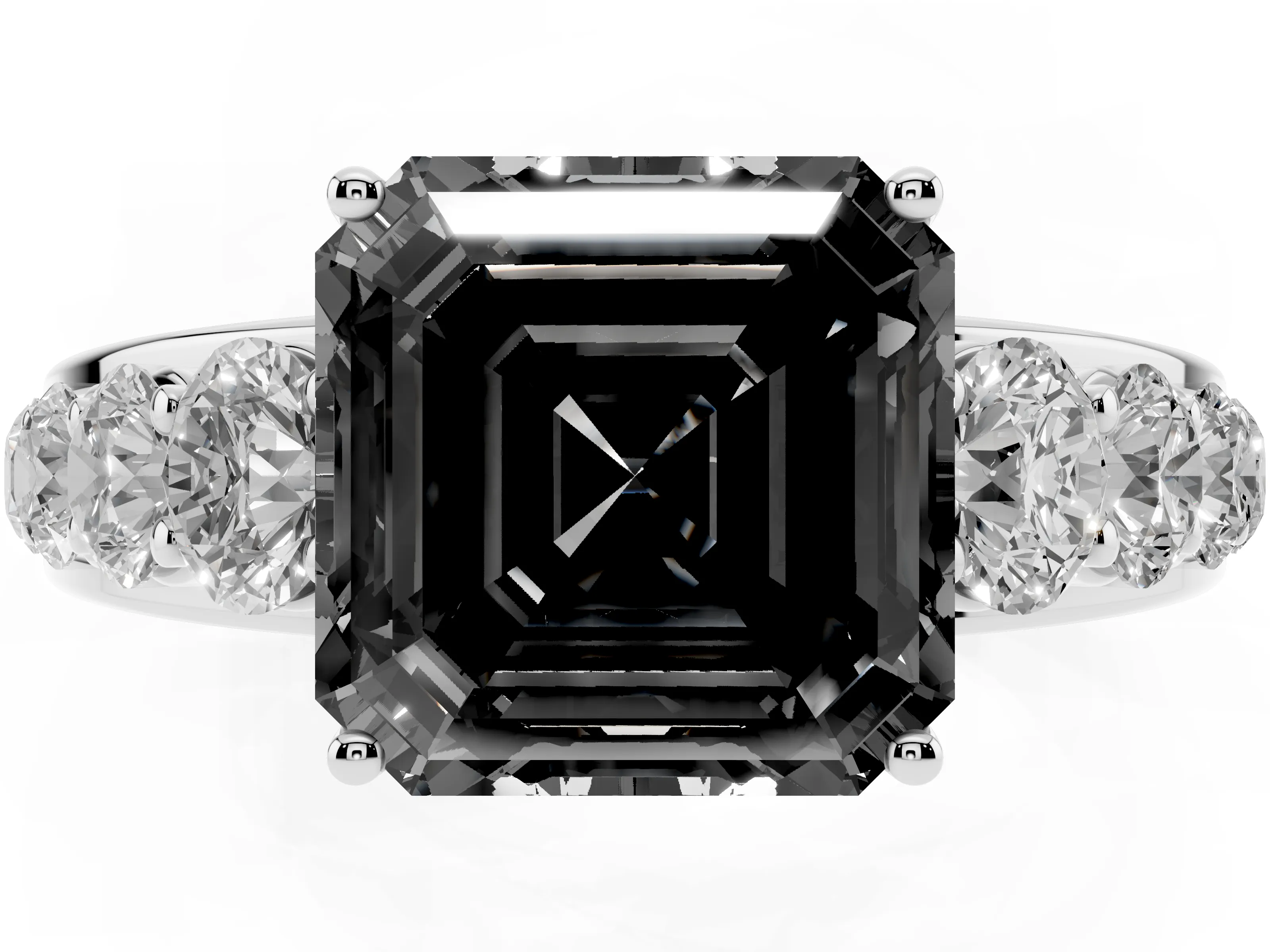 Fancy Black Asscher Cut Diamond Solitaire Ring Set in White gold with Pavé-Set Band and Prong Setting