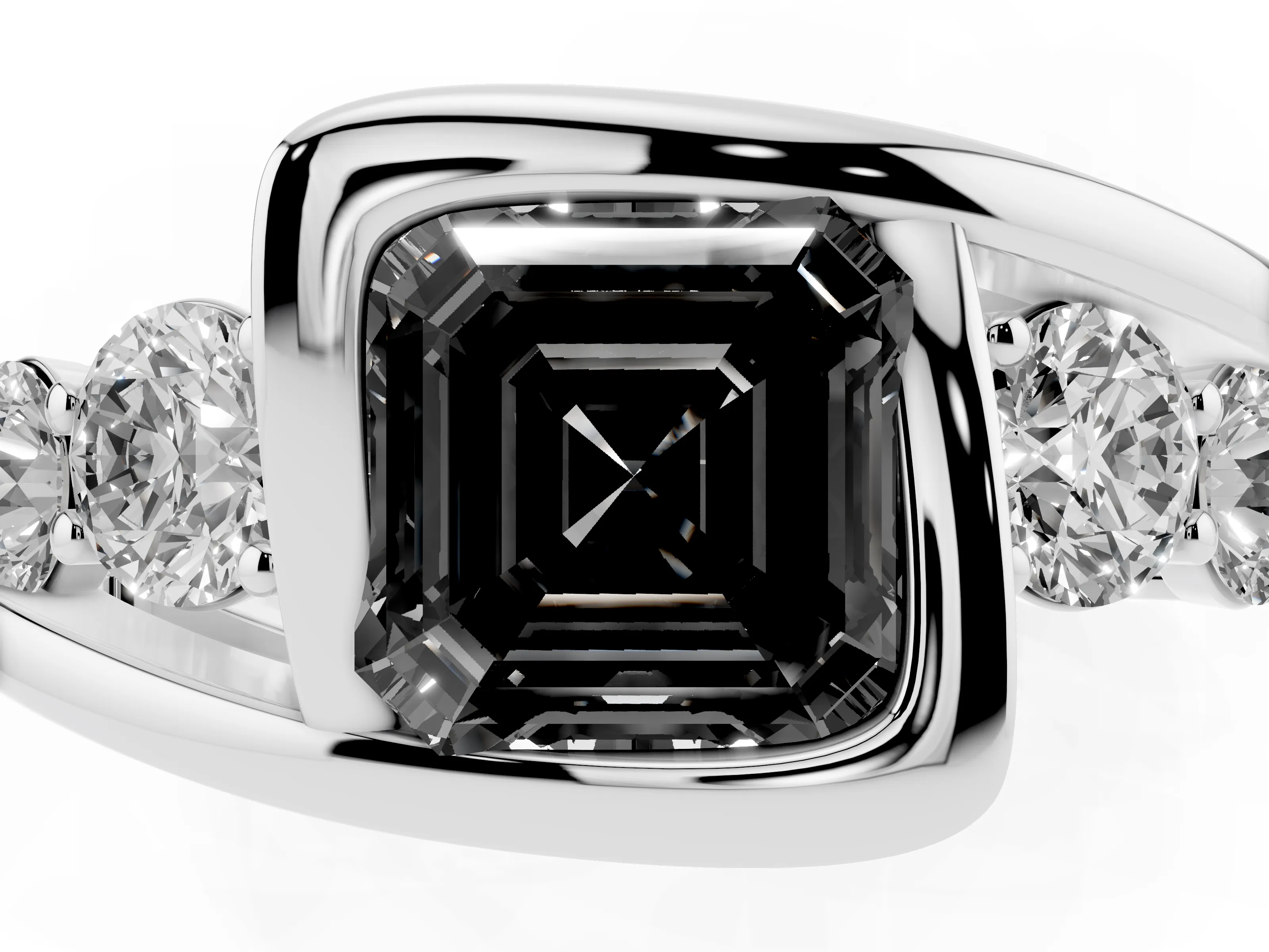 Fancy Black Asscher Cut Diamond Bezel Bypass Ring Set in Silver with Round Accents