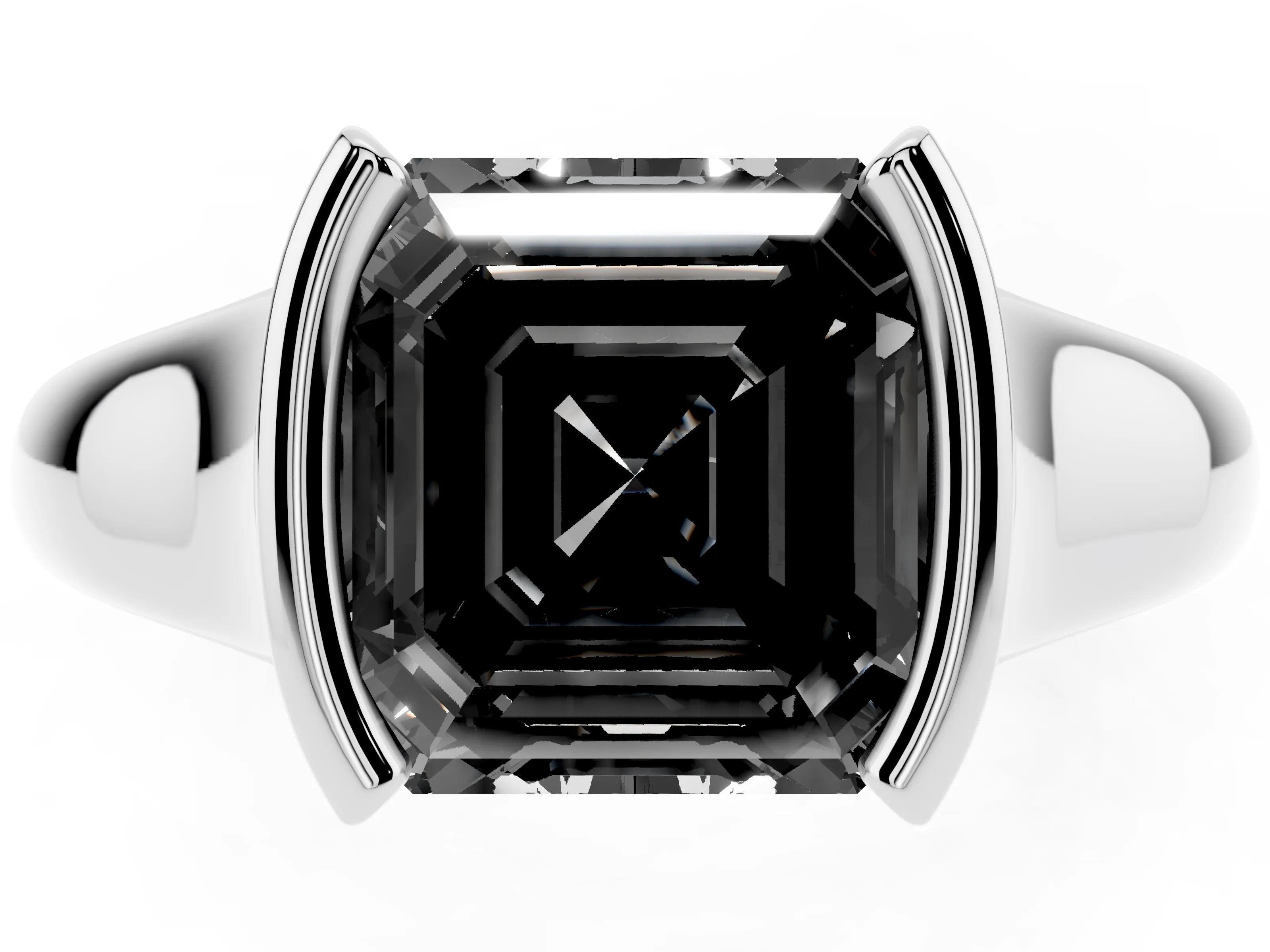 Fancy Black Asscher Cut Diamond Solitaire Tension Set Ring Set in Platinum with Split Shank Band