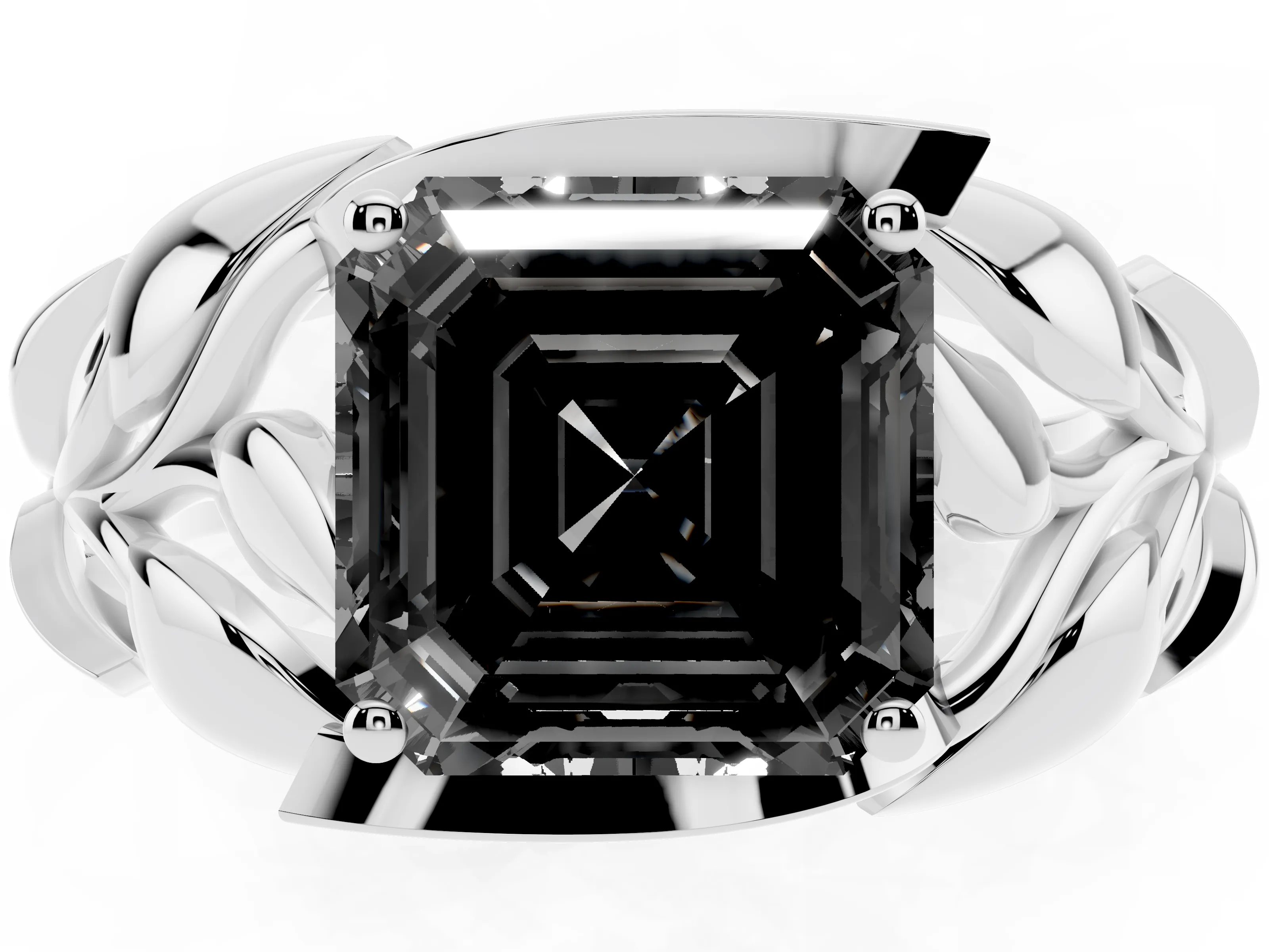 Fancy Black Asscher Cut Diamond Leaf-Inspired Engagement Ring Set in Silver with Round Accents