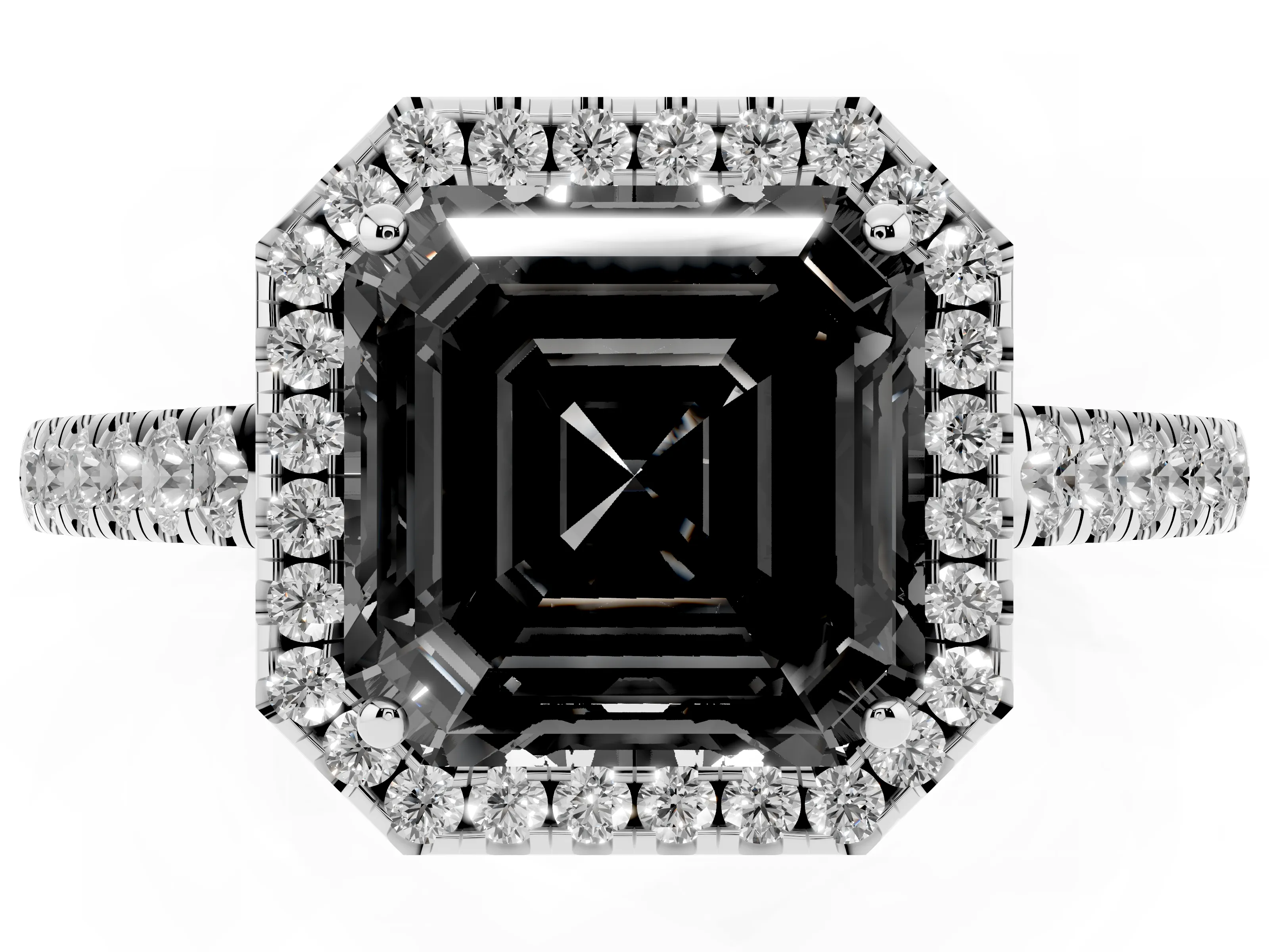 Fancy Black Asscher Cut Diamond Halo Pavé Engagement Ring Set in White gold with Prong Setting