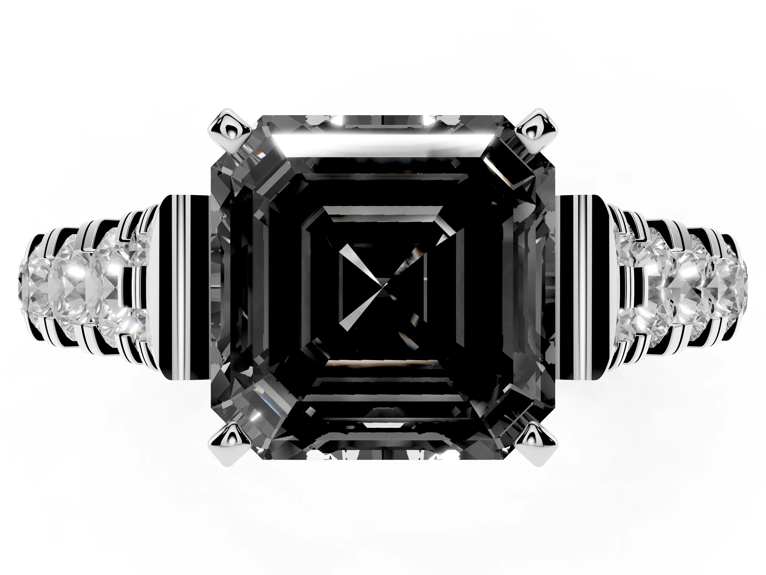 Fancy Black Asscher Cut Diamond Classic Solitaire Ring Set in Platinum with Pavé Band and Prong Setting