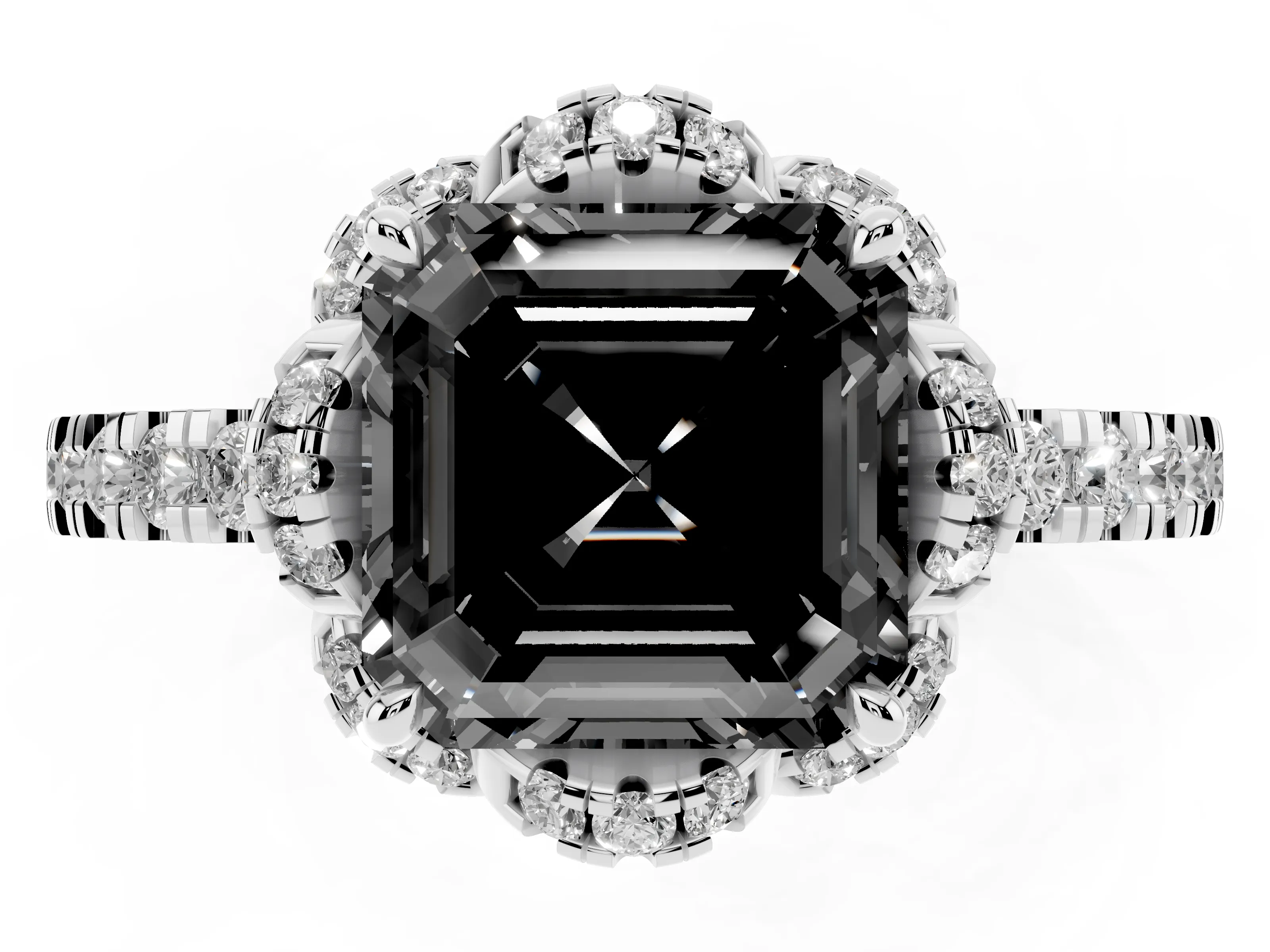 Fancy Black Asscher Cut Diamond Halo Pavé Ring Set in White gold with Prong-Held Center Stone