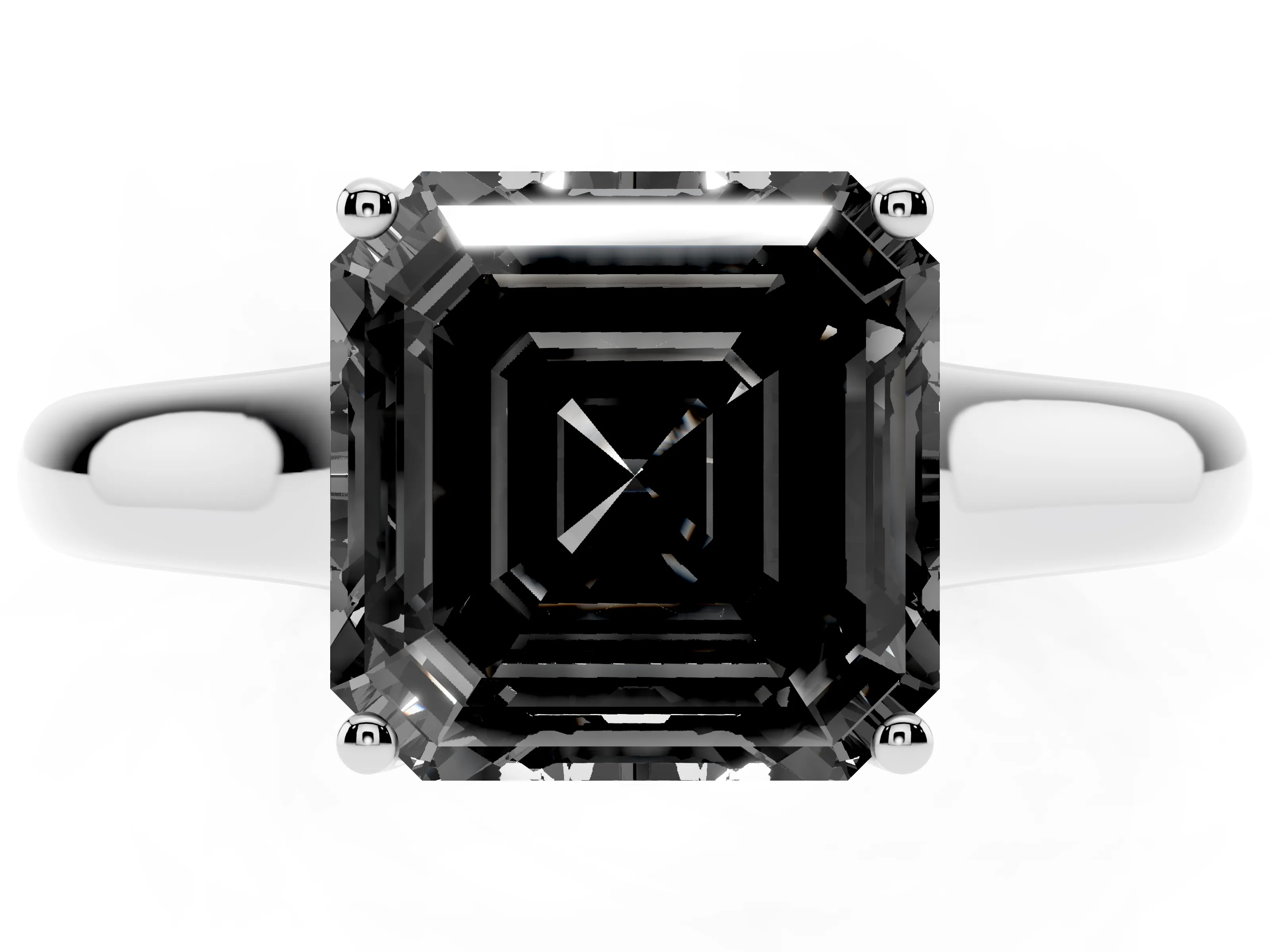 Fancy Black Asscher Cut Diamond Solitaire Engagement Ring Set in Platinum with Subtly Tapered Band and Prong Setting
