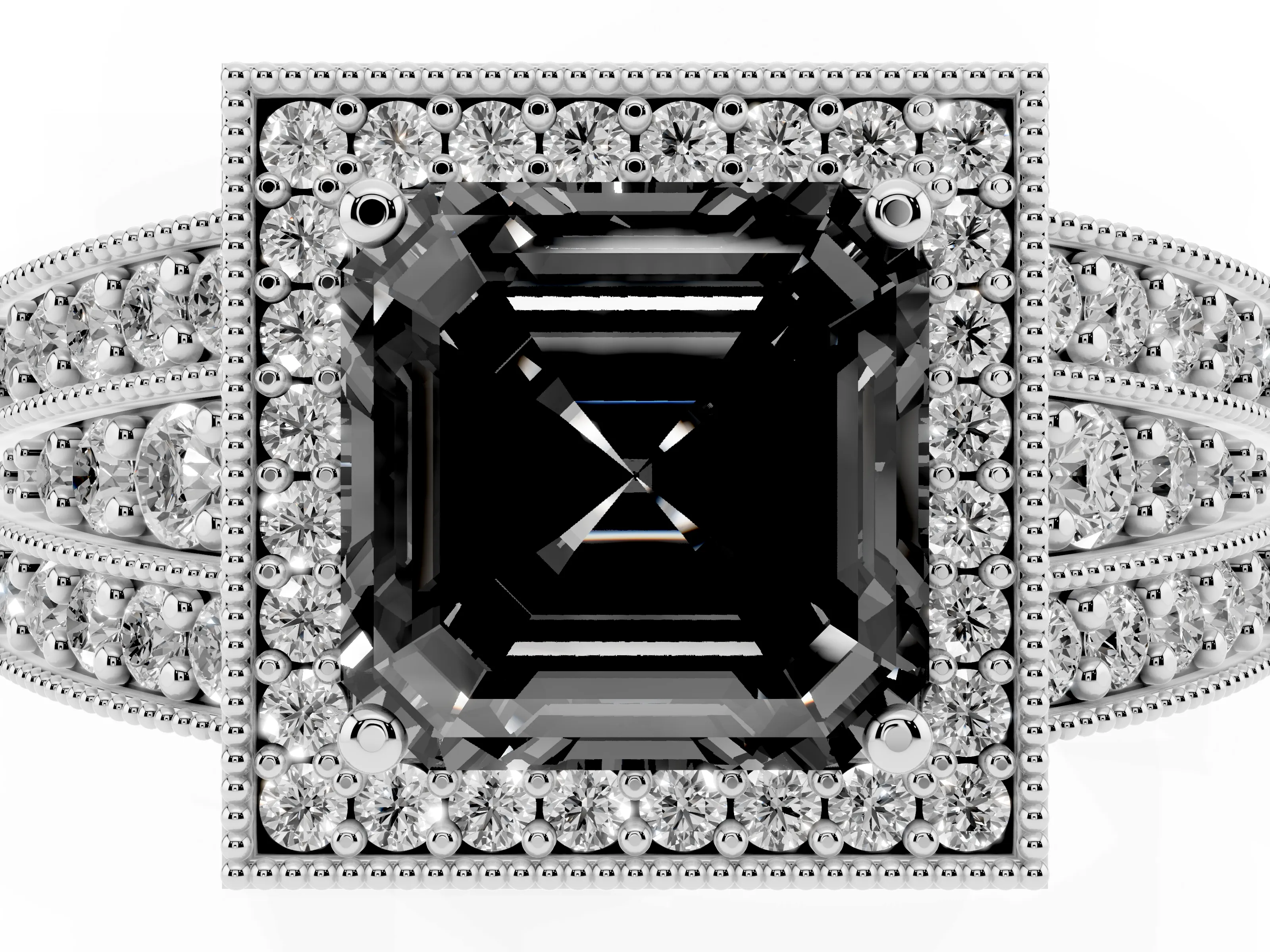 Fancy Black Asscher Cut Diamond Halo Ring Set in Platinum with Accent Split Shank and Prong Setting