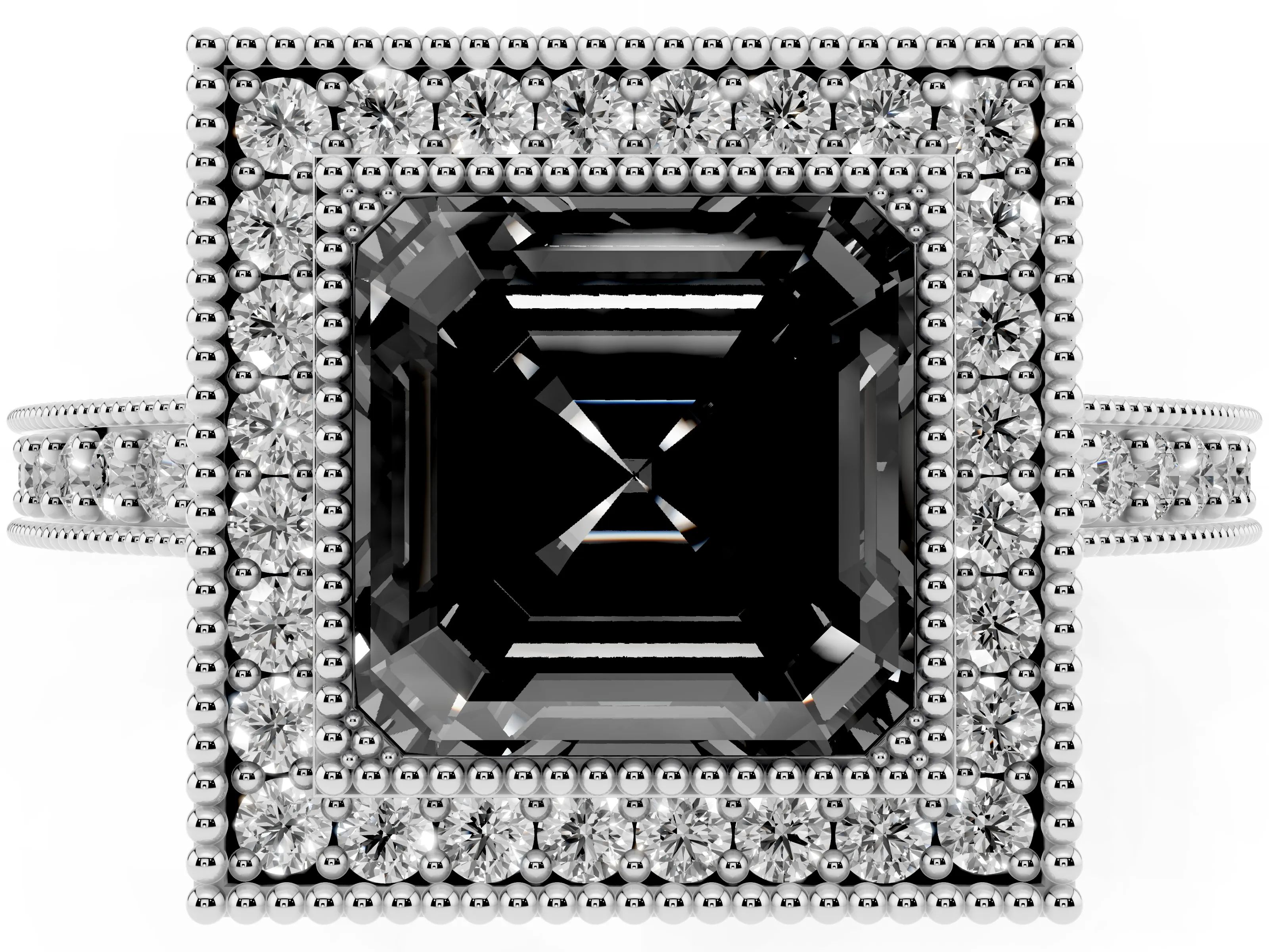 Fancy Black Asscher Cut Diamond Halo Engagement Ring Set in Platinum with Pavé Band and Round Halo Stones