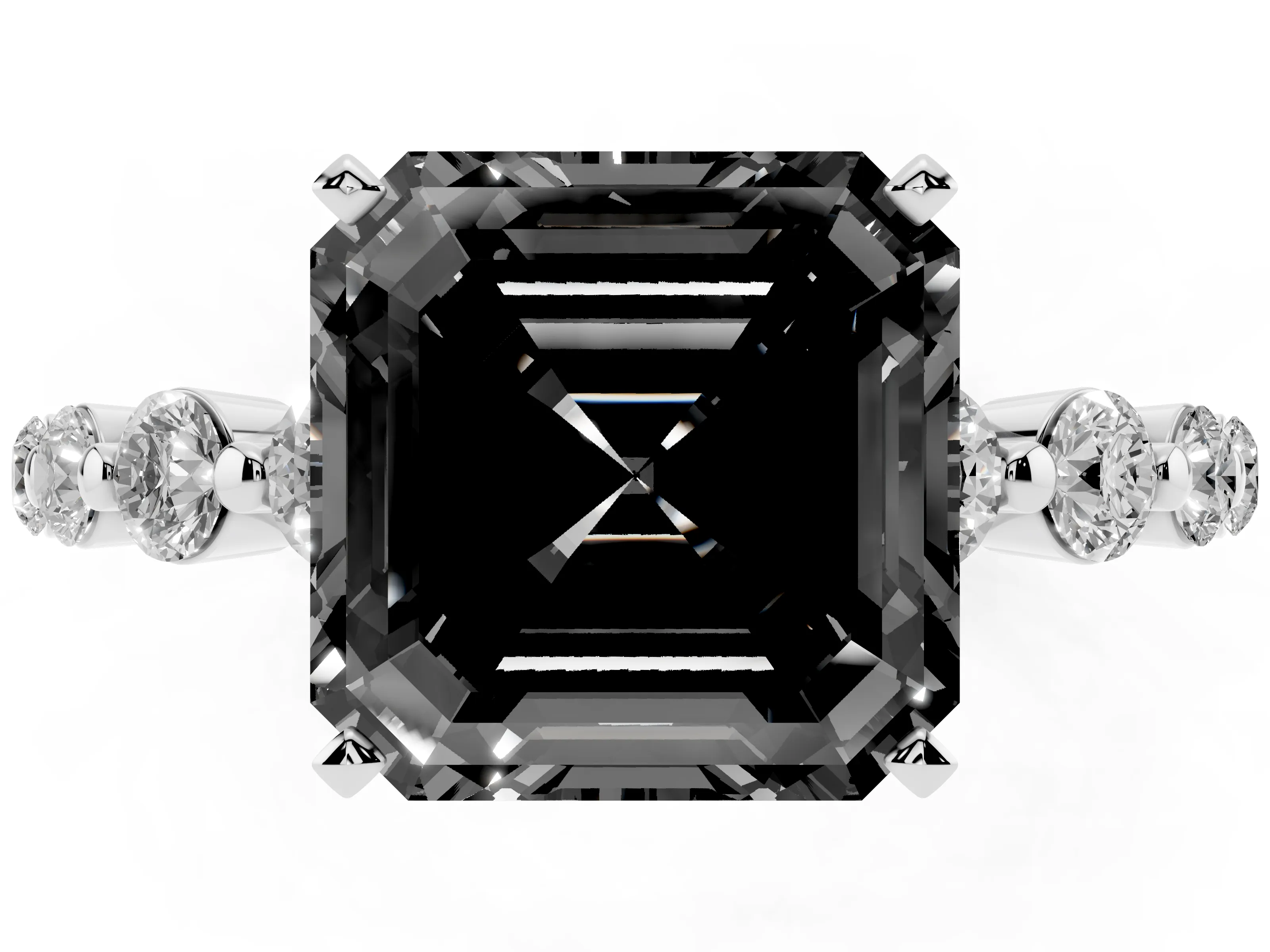 Fancy Black Asscher Cut Diamond Solitaire Ring Set in Platinum with Pavé Band and Prong Setting