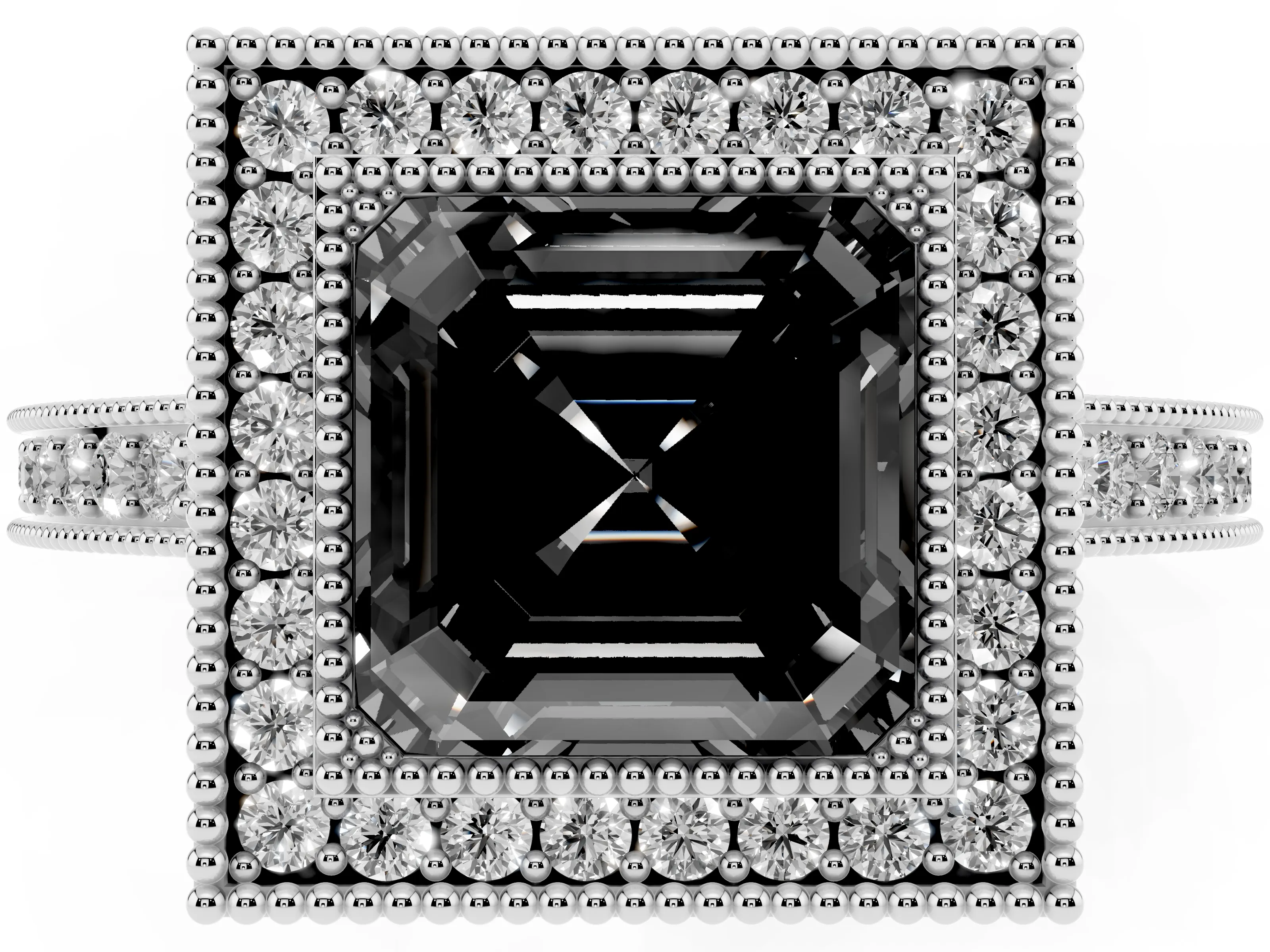 Fancy Black Asscher Cut Diamond Round Halo Ring Set in Silver with Pavé Band
