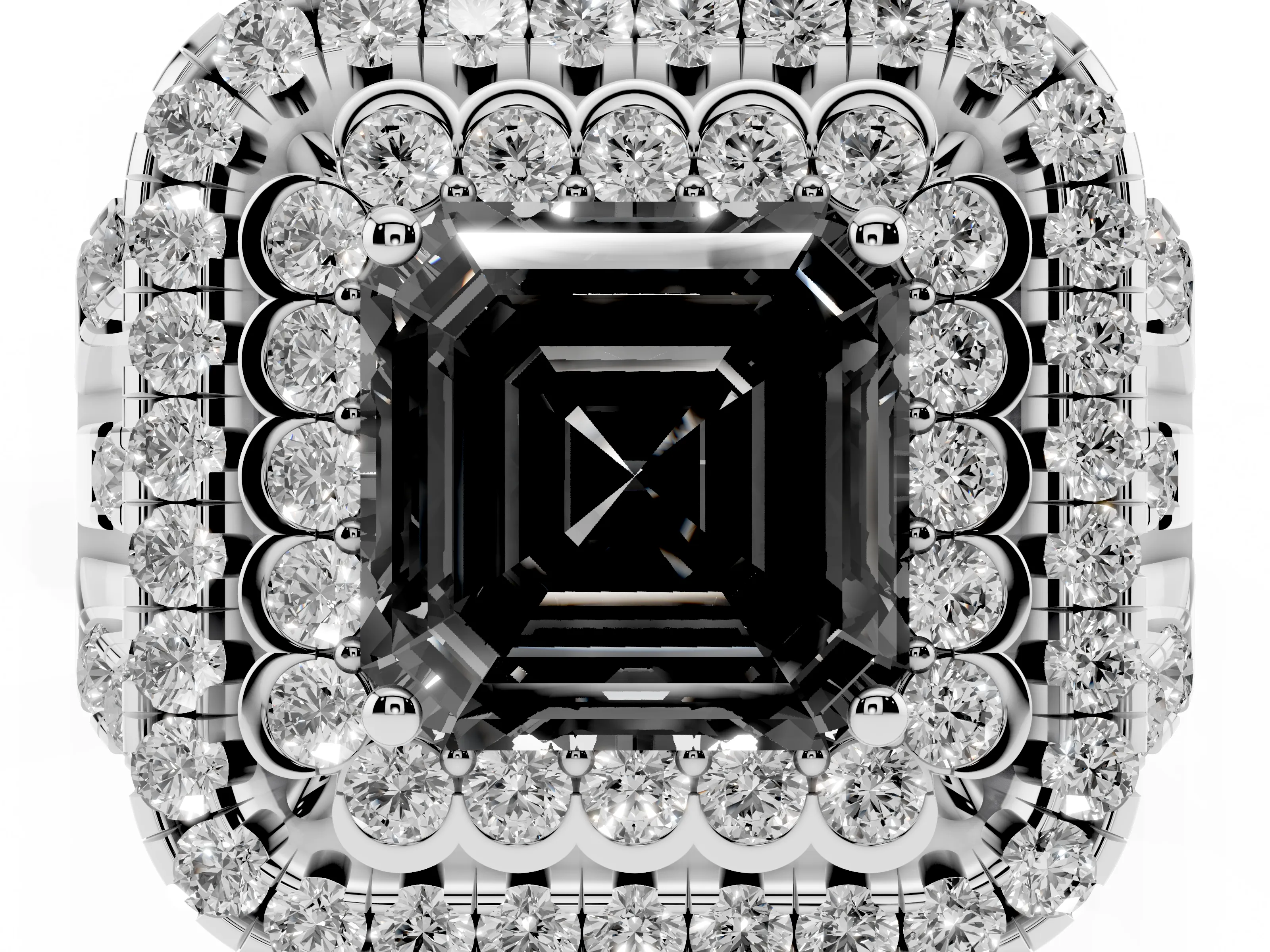 Fancy Black Asscher Cut Diamond Double Halo Ring Set in White gold with Round Pavé Split Shank