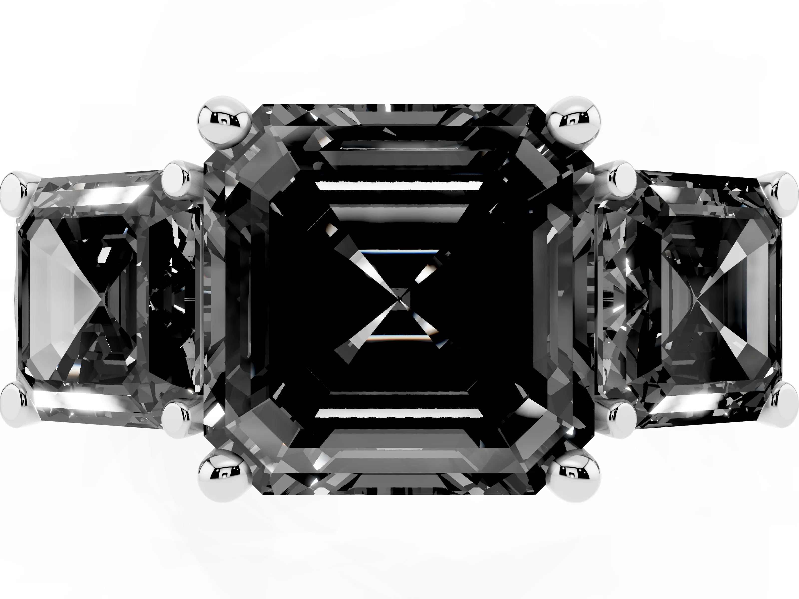 Fancy Black Asscher Cut Diamond Three-Stone Trellis Ring Set in White gold with Comfort Fit Band
