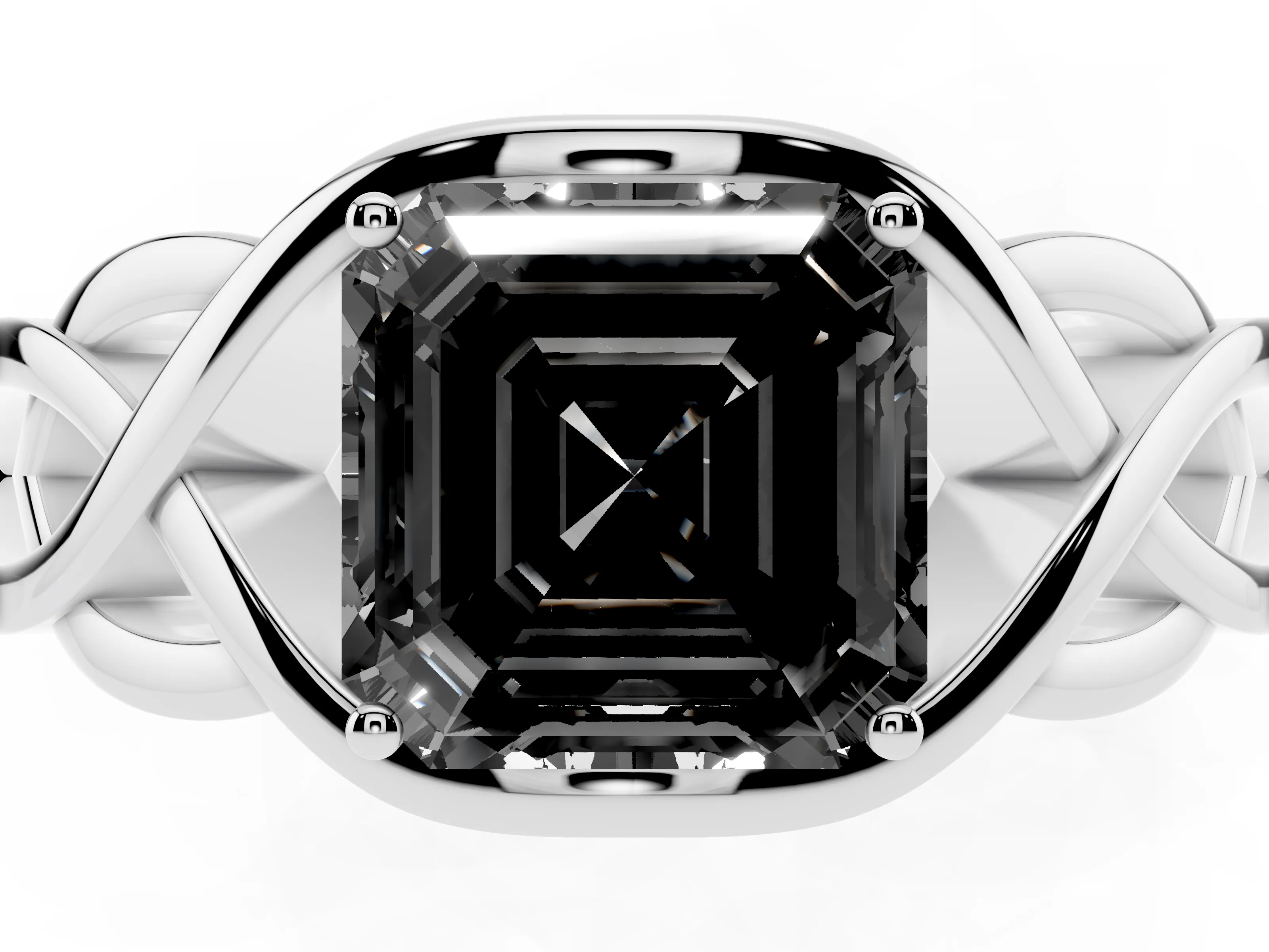 Fancy Black Asscher Cut Diamond Solitaire Ring Set in Platinum with Intertwined Band