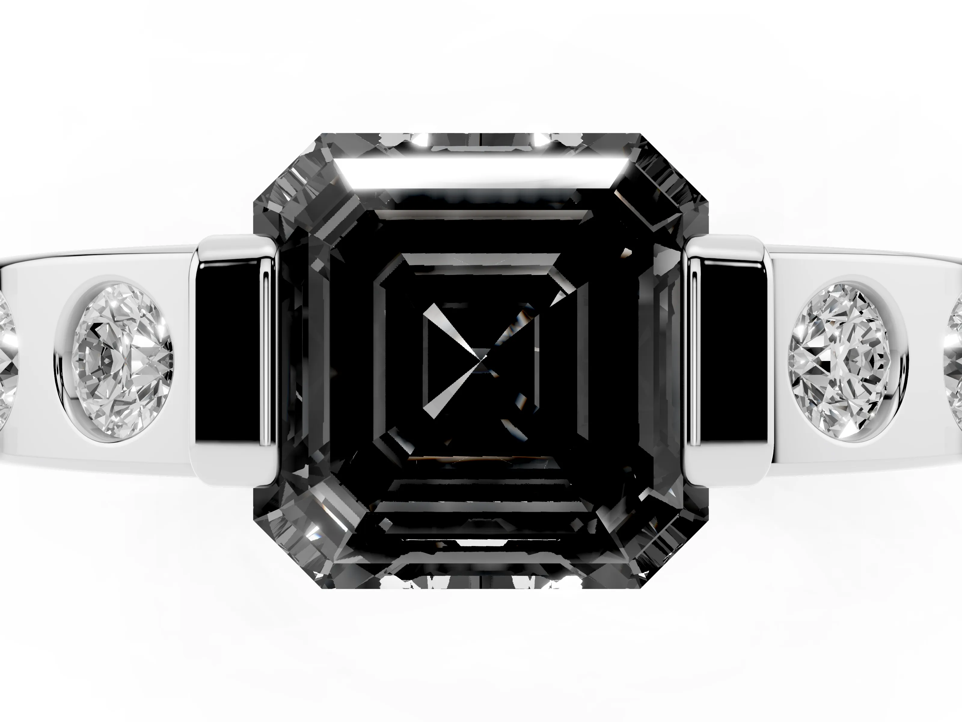 Fancy Black Asscher Cut Diamond Channel-Set Band Ring Set in Silver with Bezel Prong Setting
