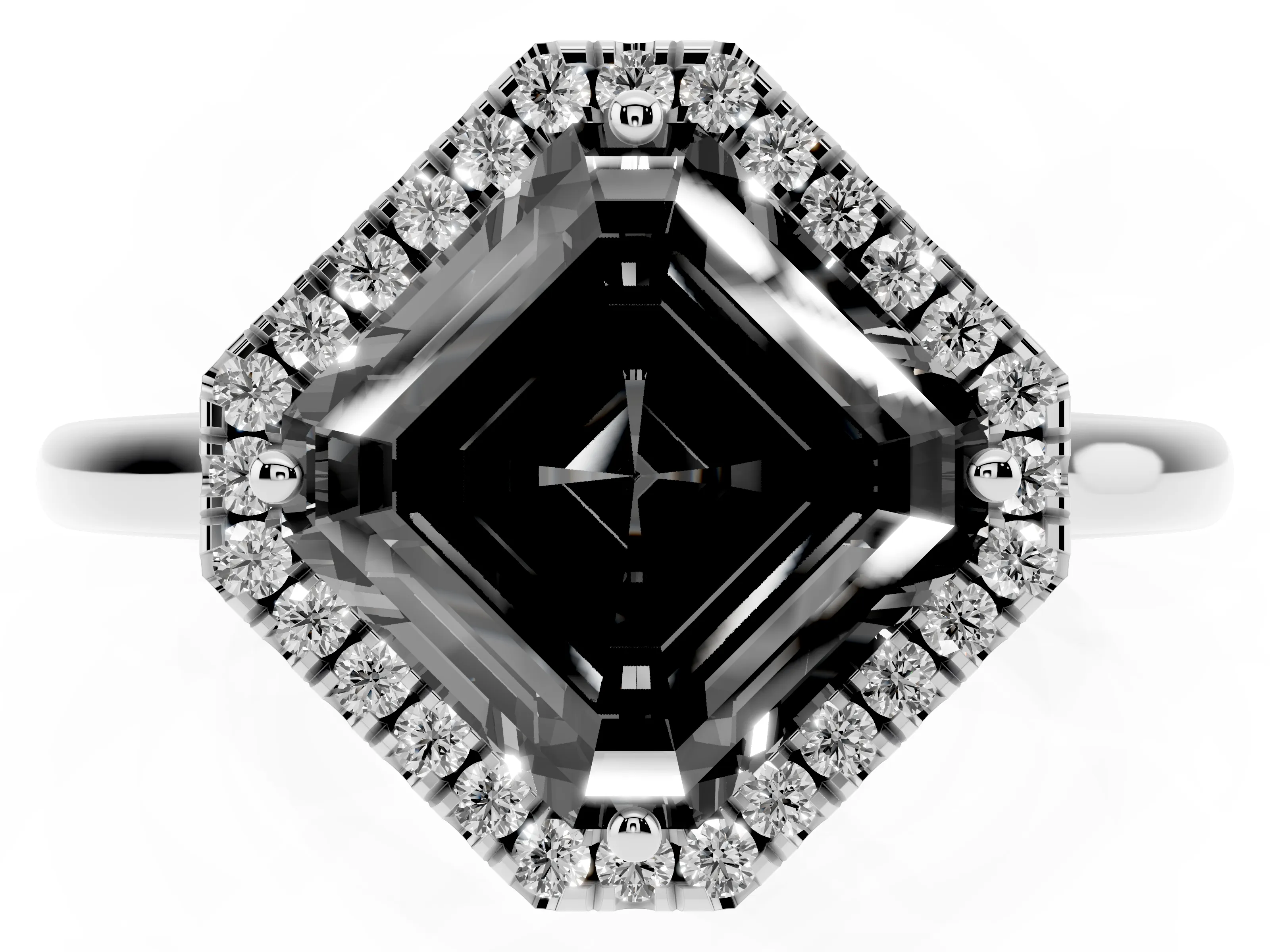 Fancy Black Asscher Cut Diamond Halo Engagement Ring Set in White gold with Pavé Band and Rising Shoulders